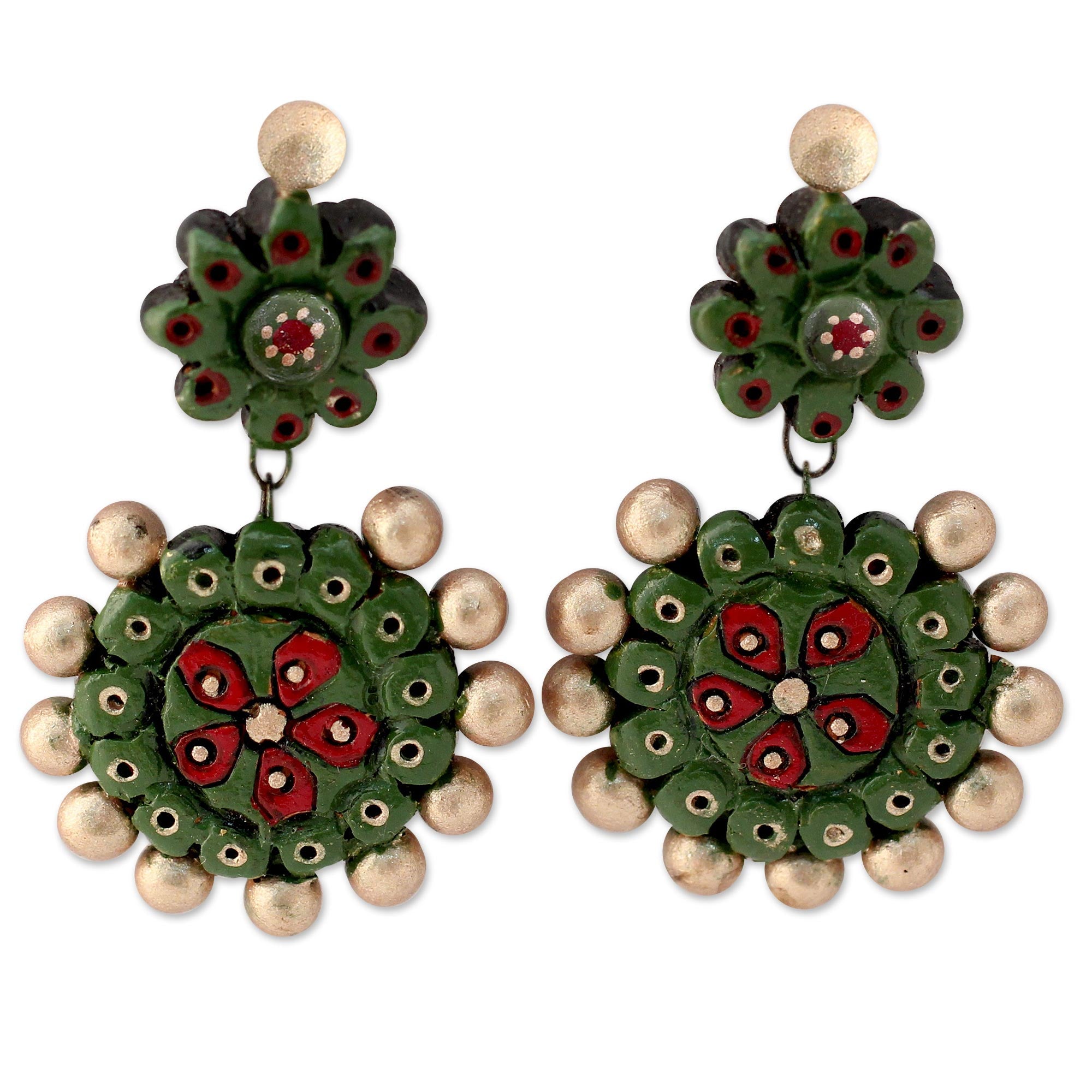 Premium Woodland Wonder Ceramic Dangle Earrings – Handcrafted Green & Gold Jewelry from India