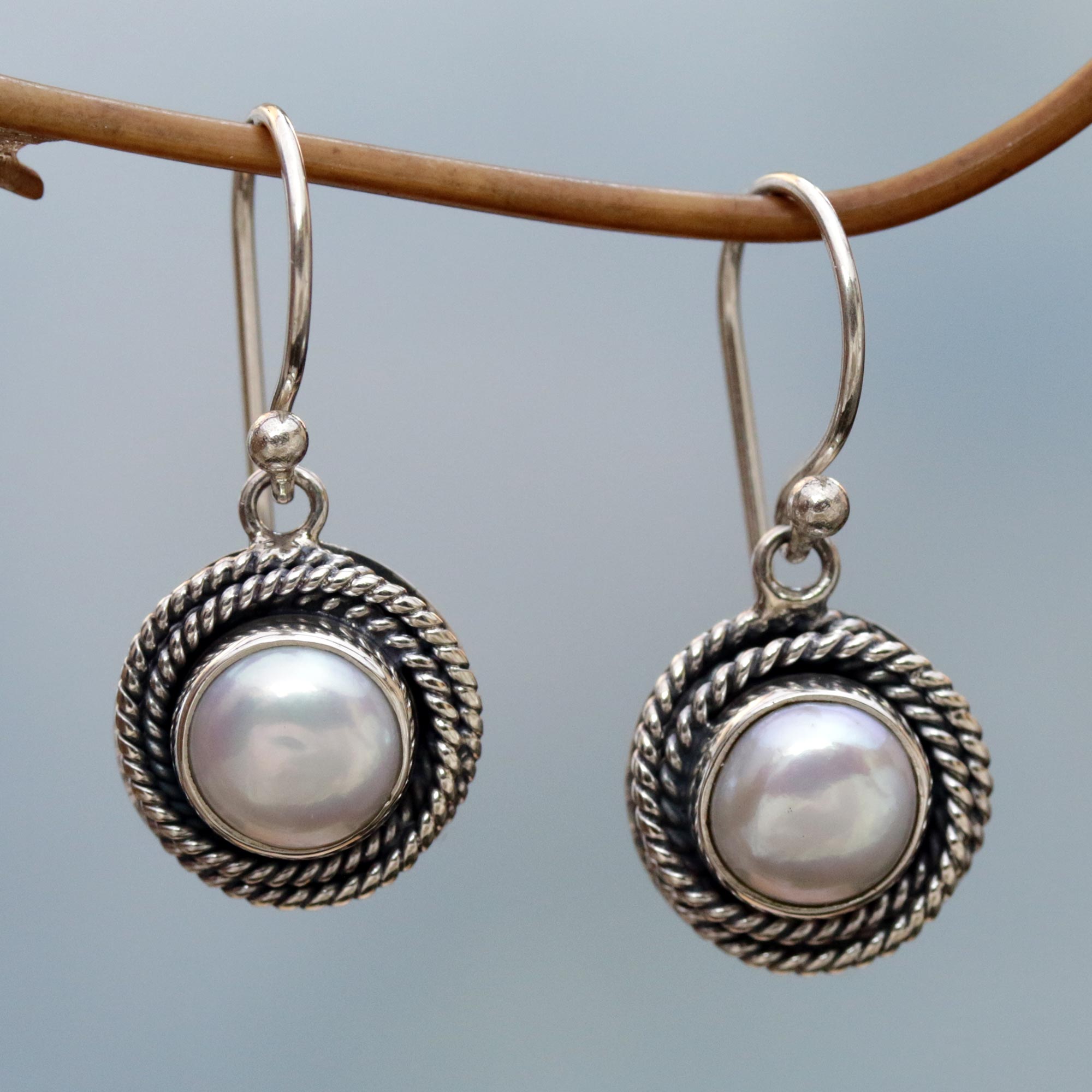 Premium White Cultured Pearl Dangle Earrings with Sterling Silver Rope Design