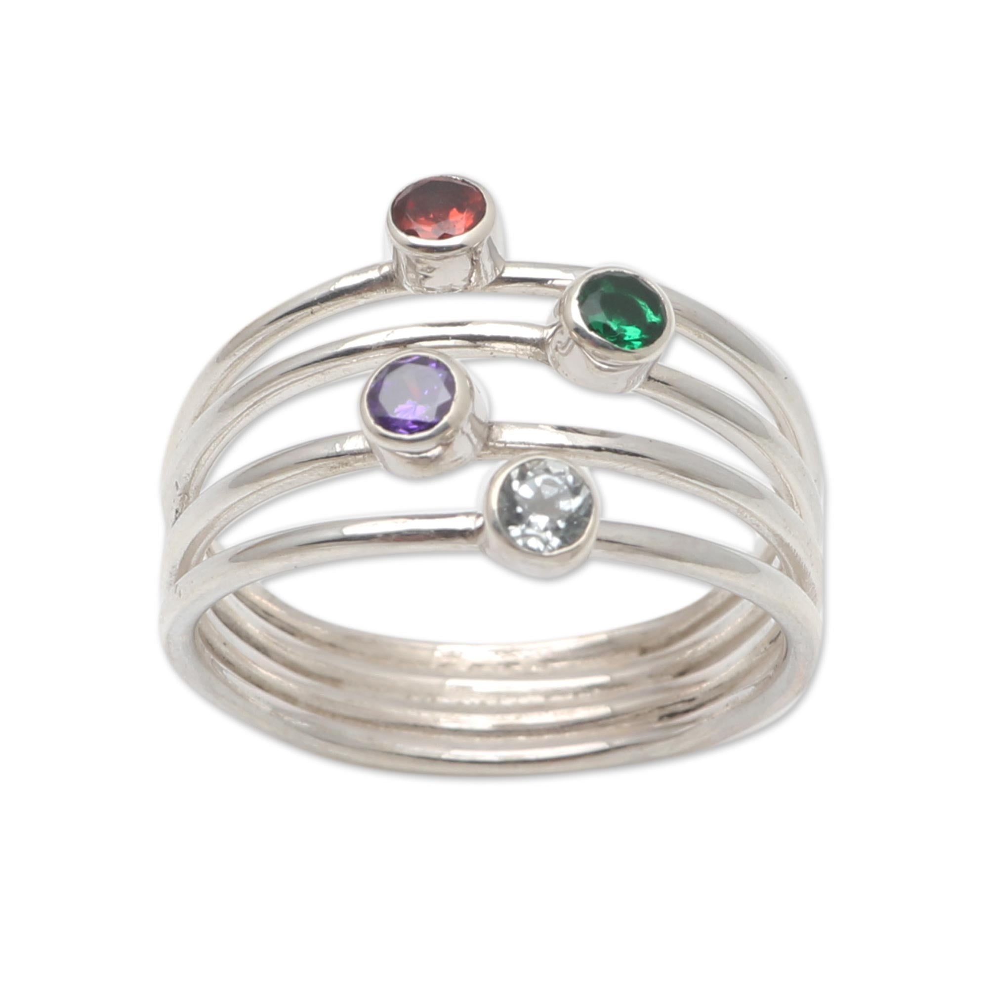 Premium Rainbow Stepping Stones Ring - Handcrafted Amethyst & Garnet Jewelry