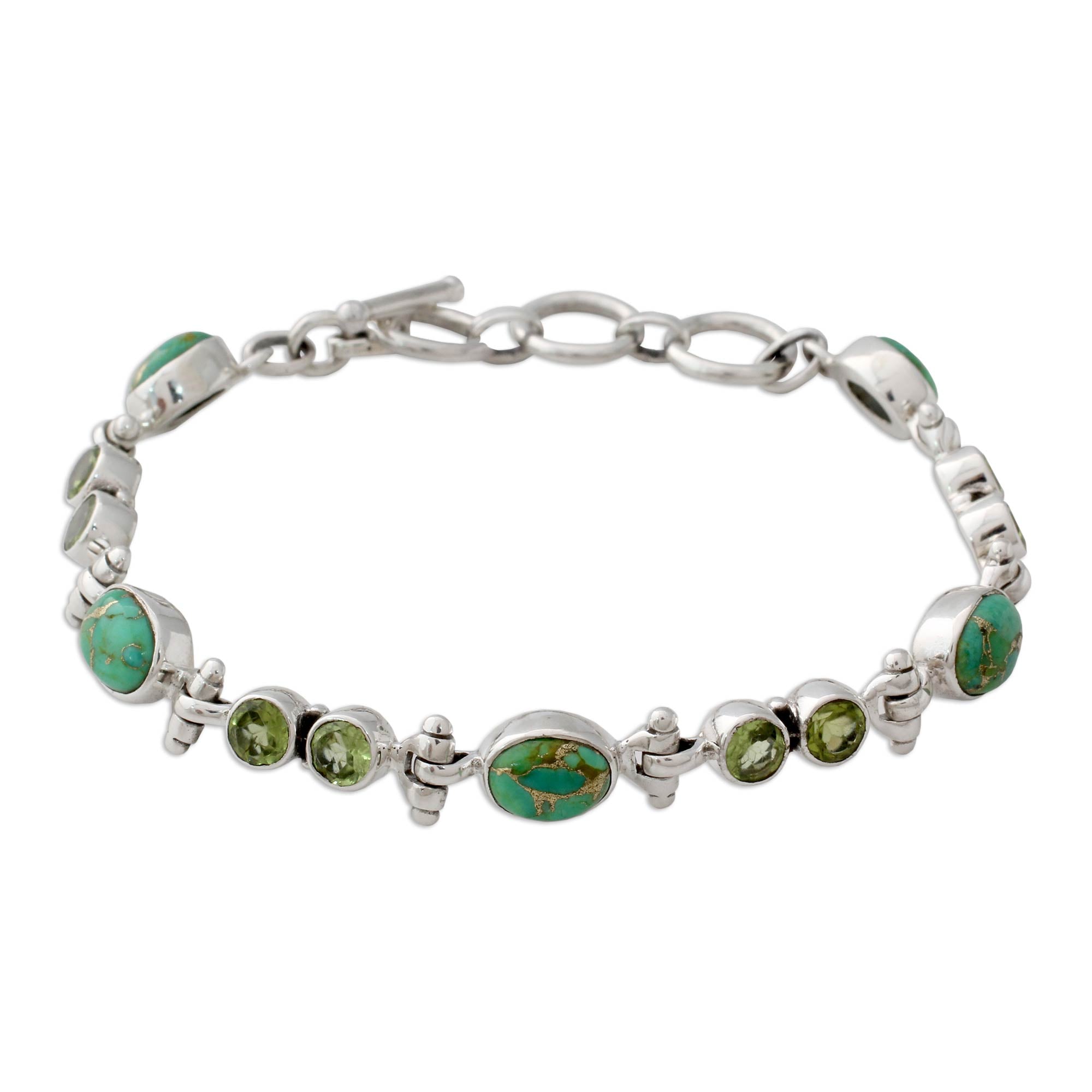 Premium Green Glow Peridot & Turquoise Sterling Silver Bracelet