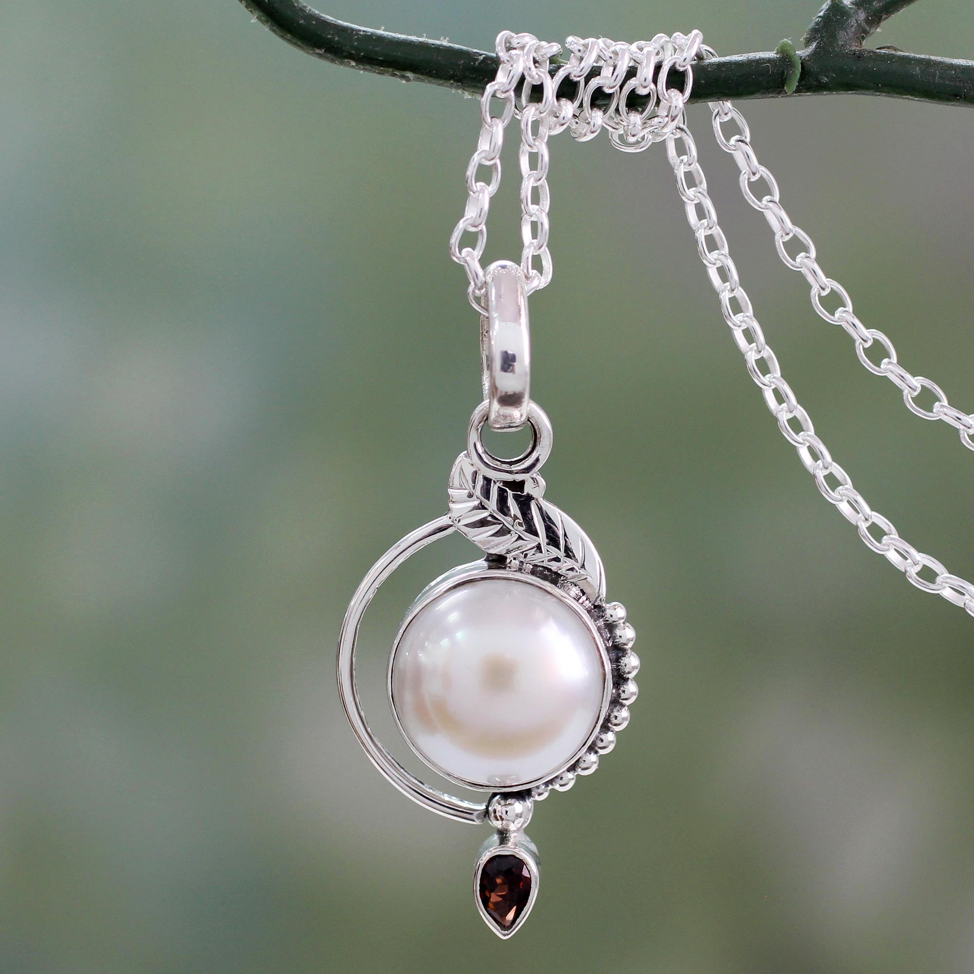 Premium Sublime Romance Silver Necklace with Cultured Pearl & Garnet