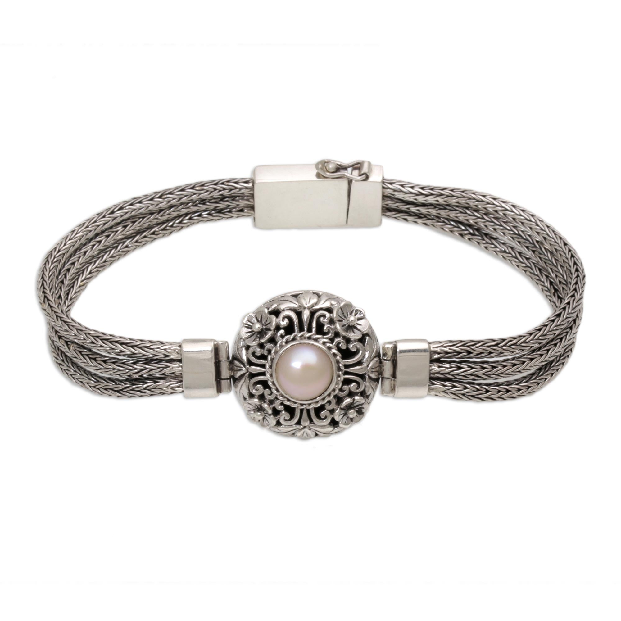 Premium Floral Elegance Pearl & Silver Bracelet