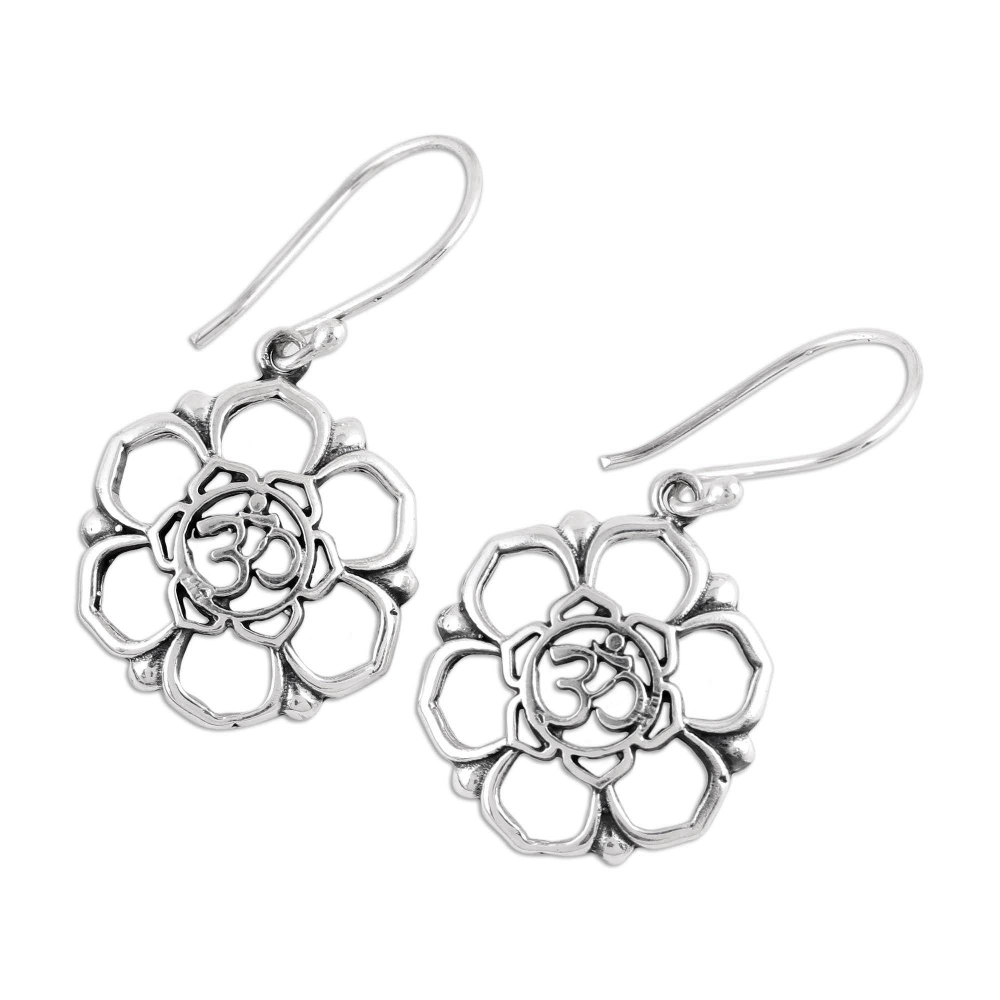 Premium Floral Om Sterling Silver Dangle Earrings with Sacred Symbol