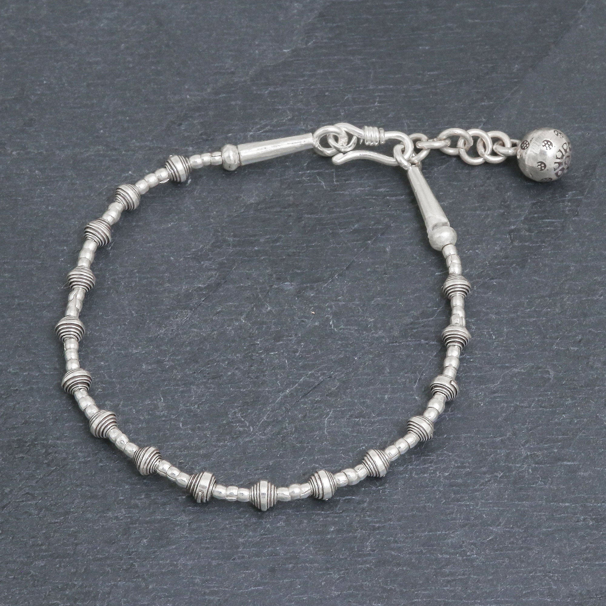 Premium Karen Silver Flower Ball Bracelet with Adjustable Chain – Handcrafted in Thailand