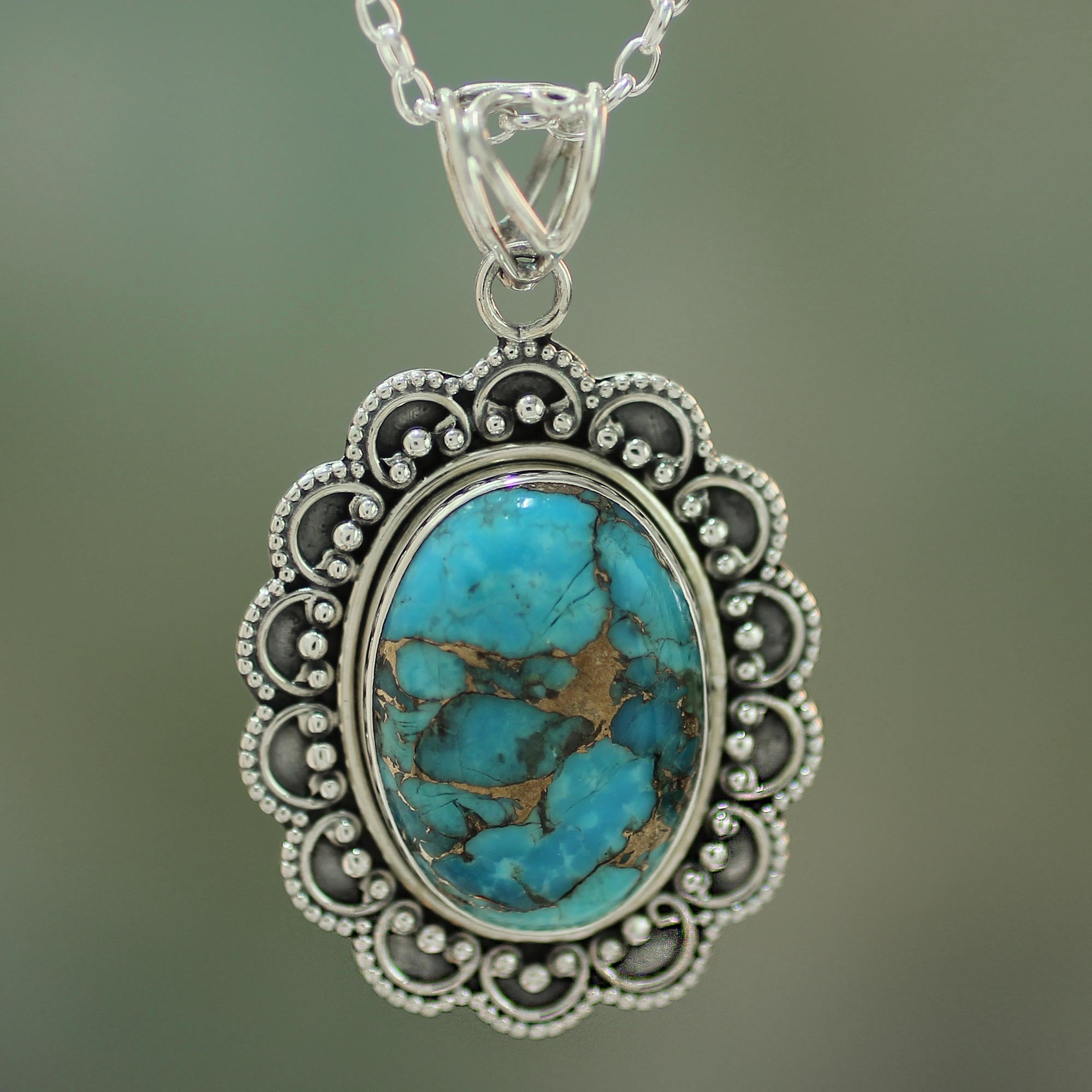 Premium Royal Halo Composite Turquoise Pendant Necklace - Handcrafted Sterling Silver Jewelry