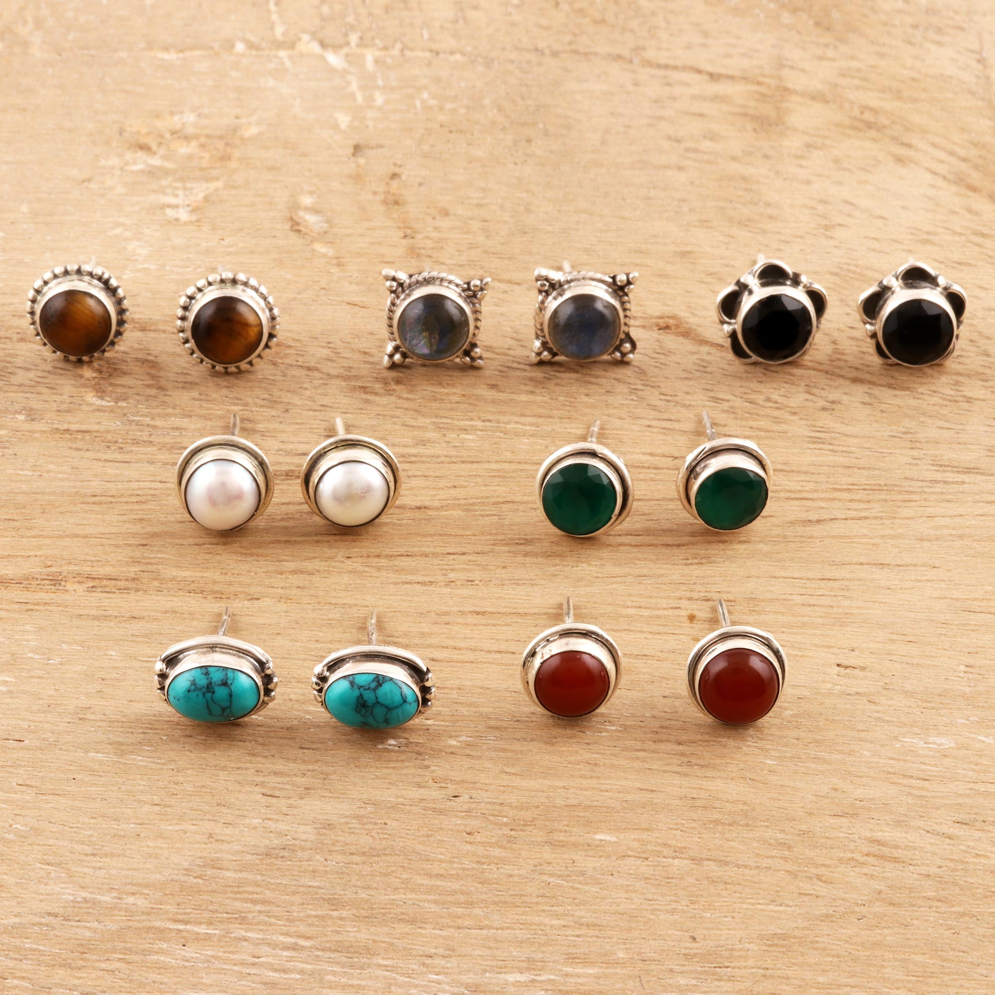 Premium Set of 7 Multi-Gemstone Stud Earrings – Handcrafted Elegance from India