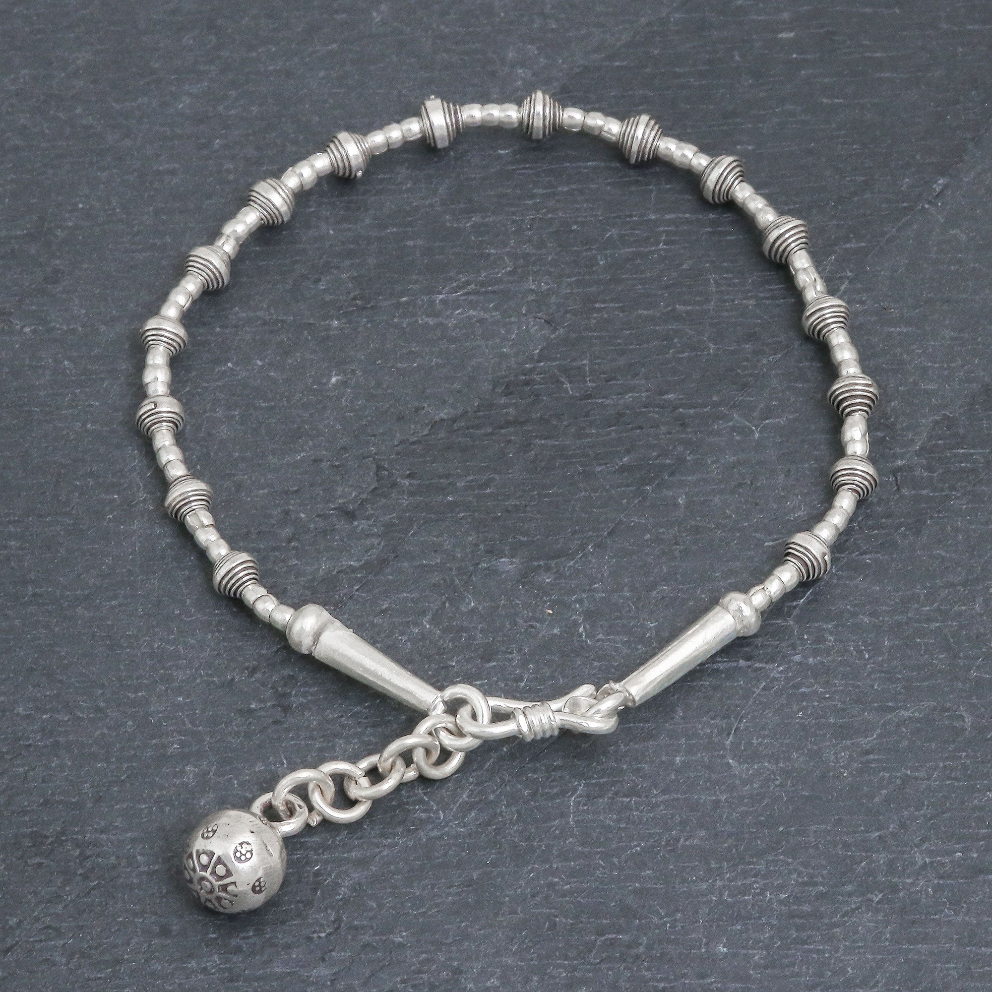 Premium Karen Silver Flower Ball Bracelet with Adjustable Chain – Handcrafted in Thailand