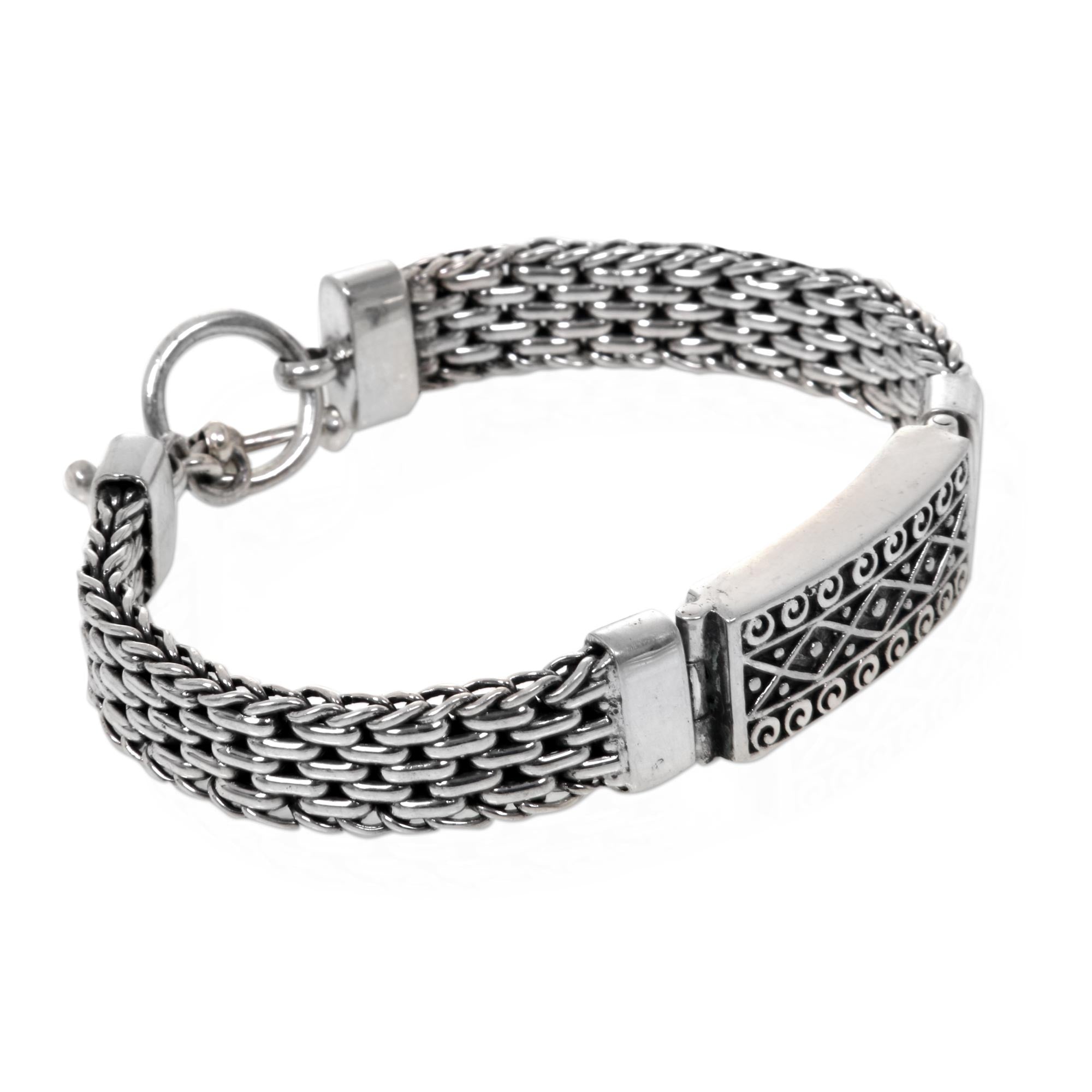 Premium Bali Spirit Panther Link Chain Bracelet with Swirl & Dot Pendant in 925 Sterling Silver