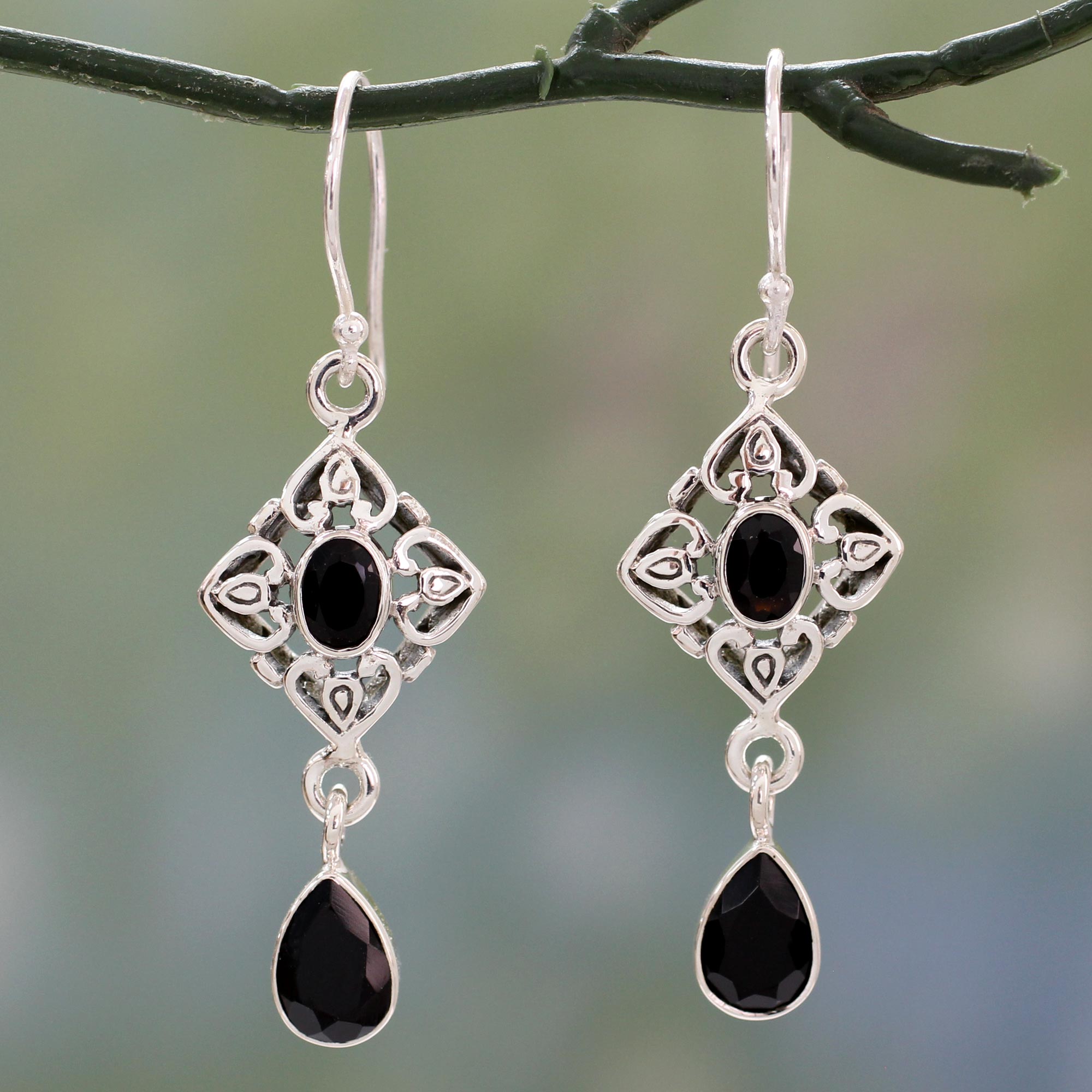 Premium Sterling Silver and Black Onyx Dangle Earrings - Elegant Ornate Design