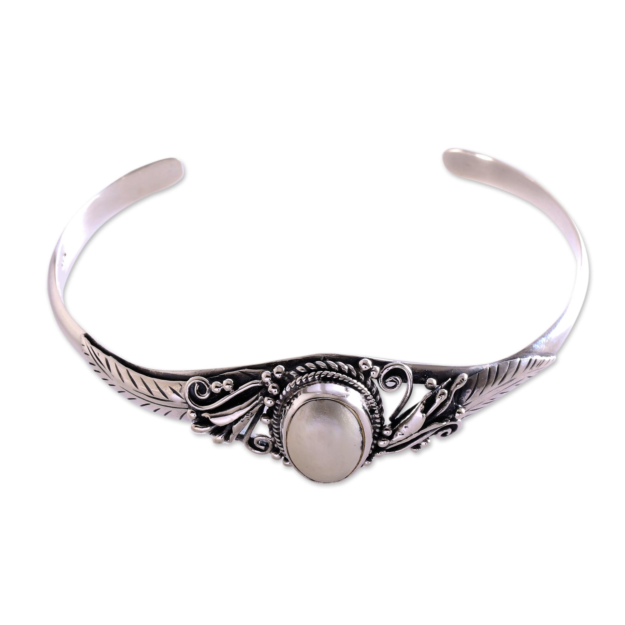 Premium Moonlight Shade Silver Cuff Bracelet with Cultured Pearl