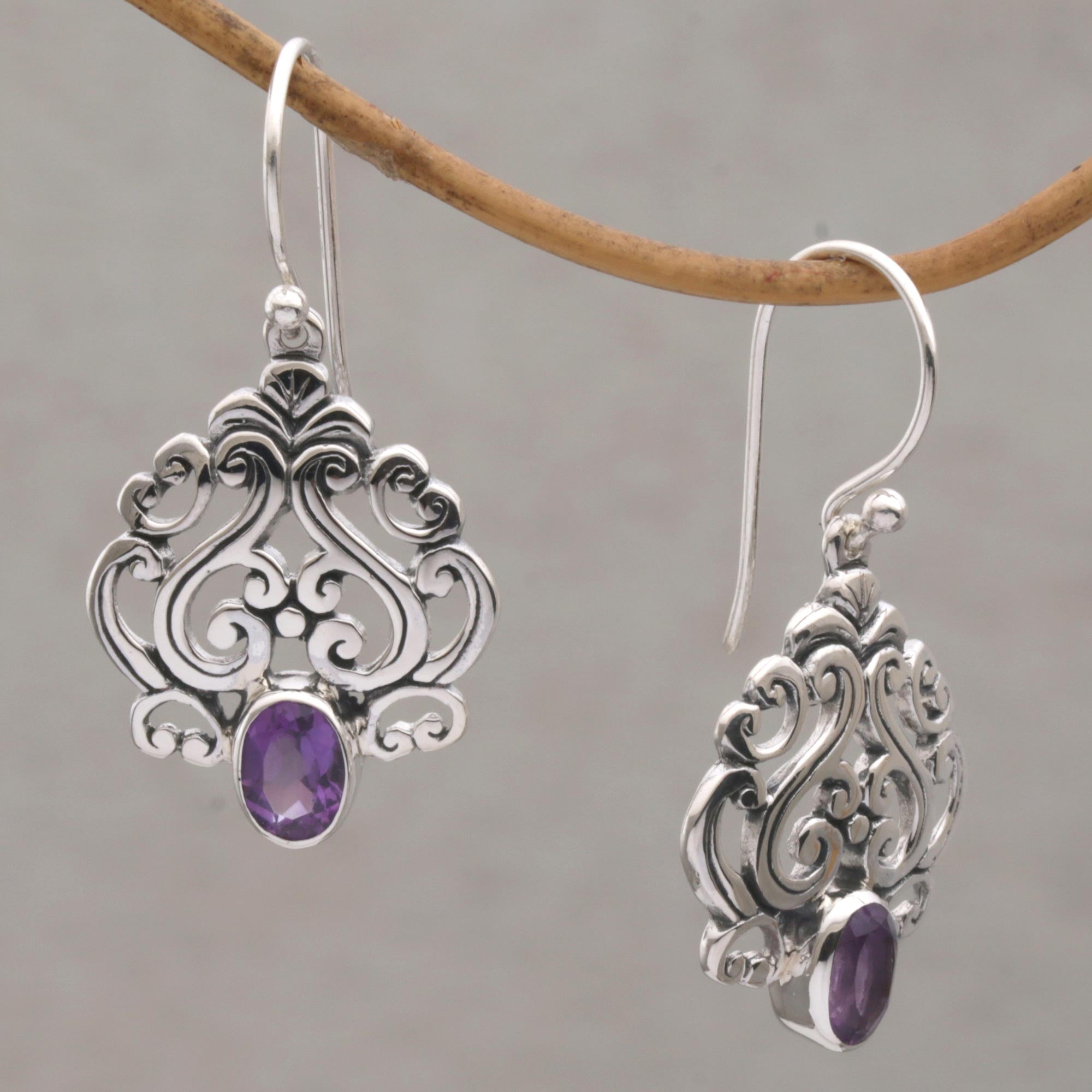 Premium Amethyst Dangle Earrings in Sterling Silver - Handcrafted in Bali