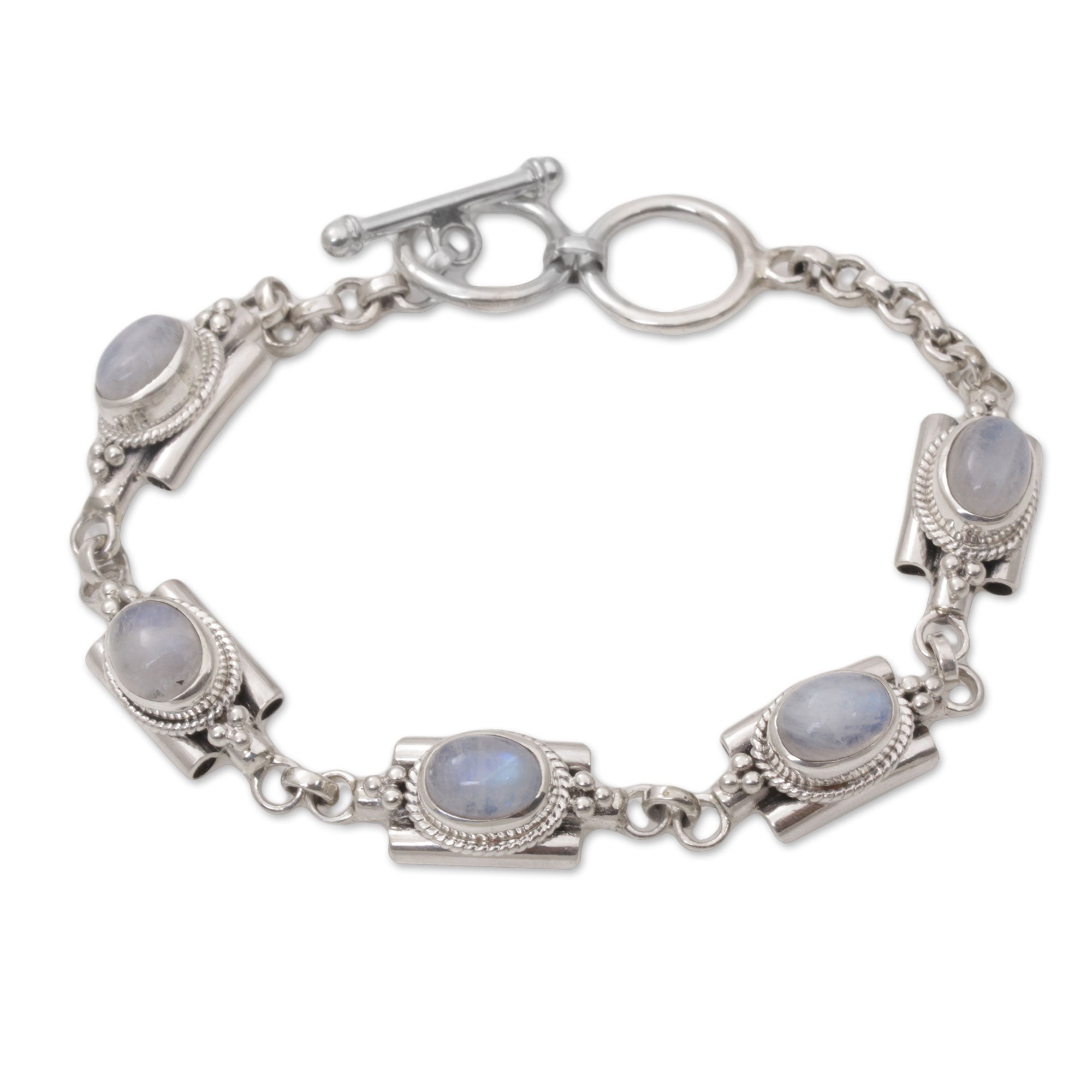 Premium Misty Domes Silver & Rainbow Moonstone Bracelet - Handcrafted Elegance