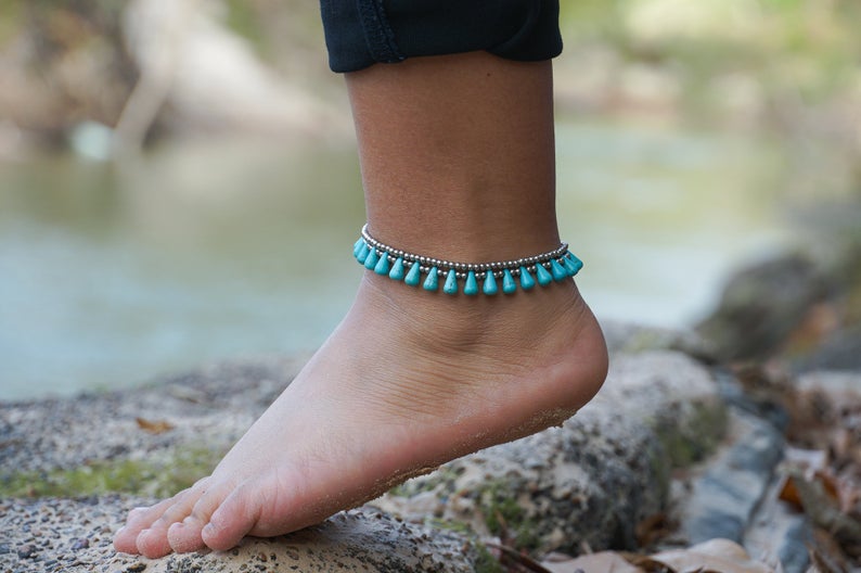 Premium Turquoise Teardrop Boho Silver Anklet - Ultimate Bohemian Style