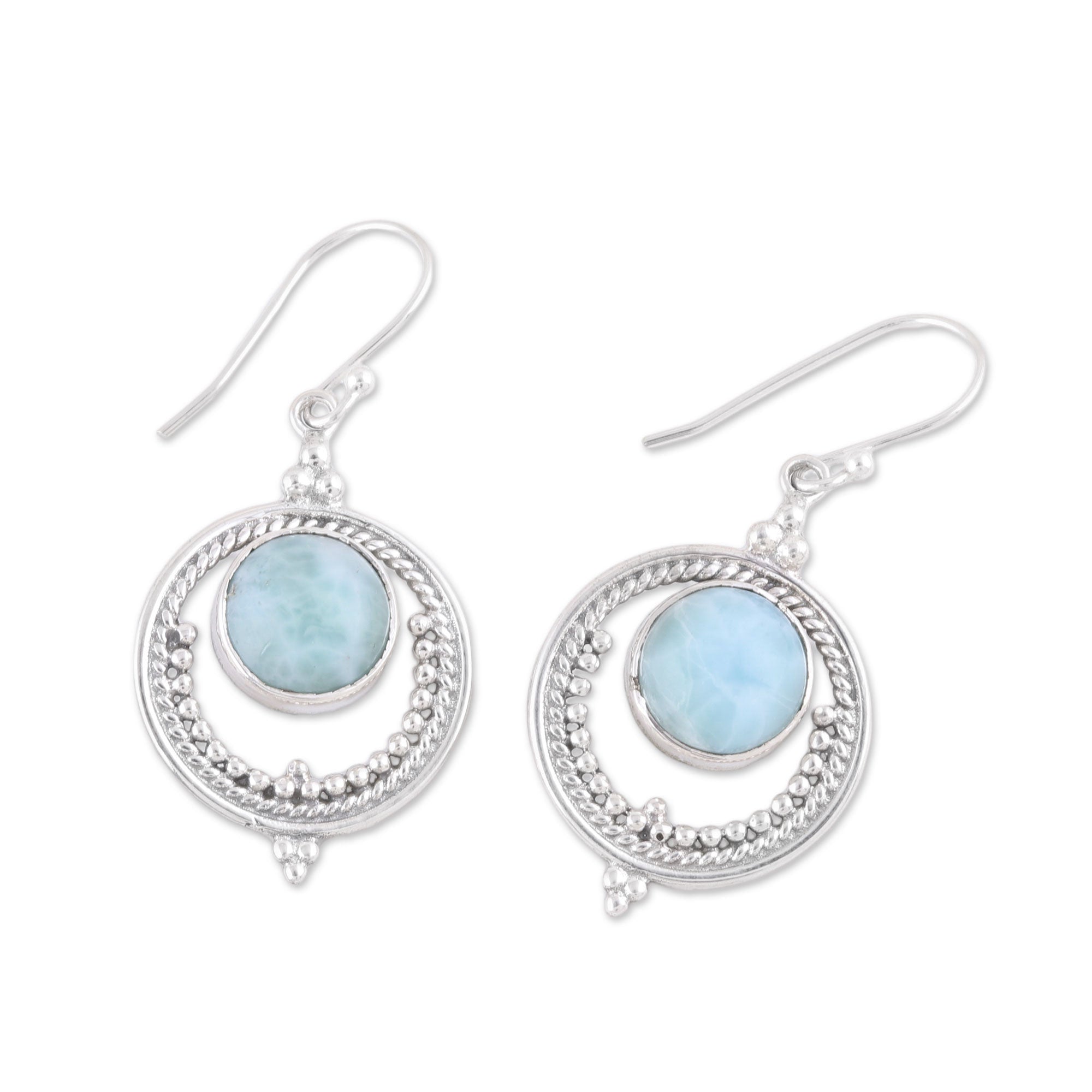 Premium Lunar Delight Larimar Silver Dangle Earrings - Handcrafted in India