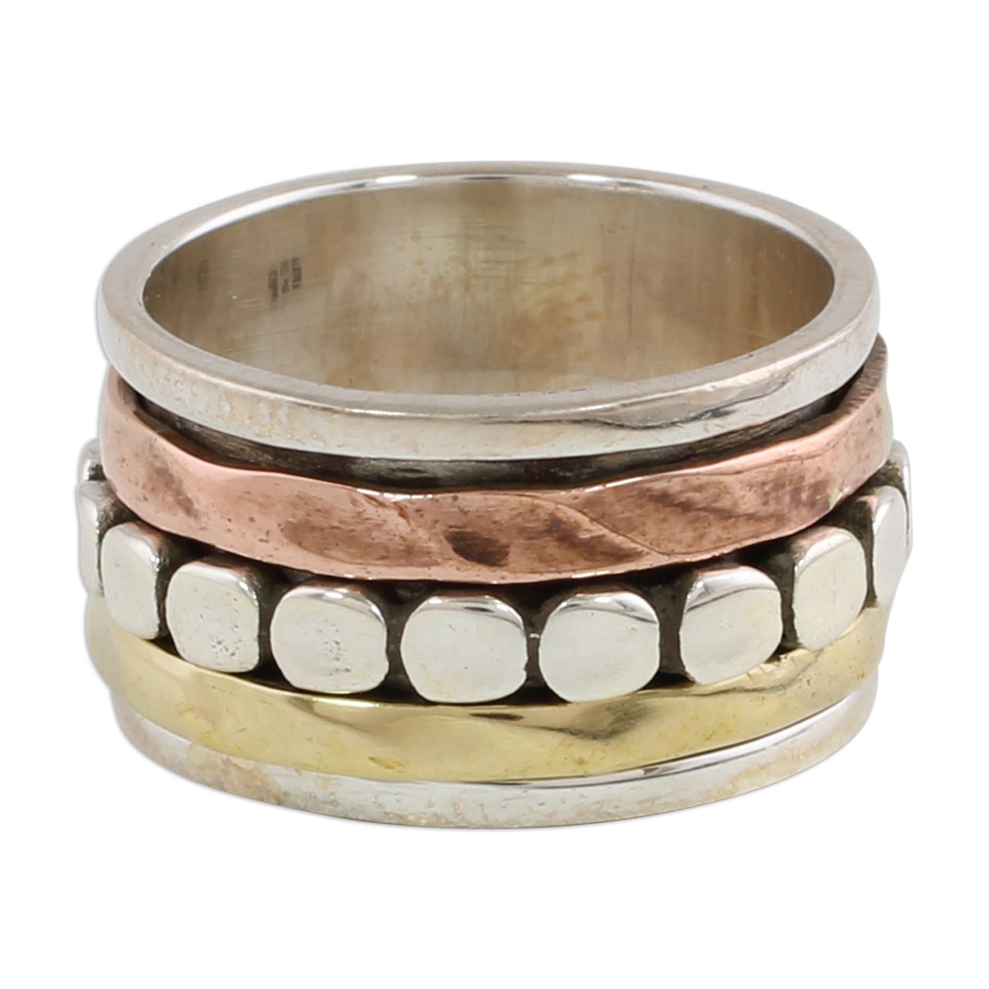 Premium Sterling Silver Spinner Ring with Copper & Brass Accents - Handcrafted in India