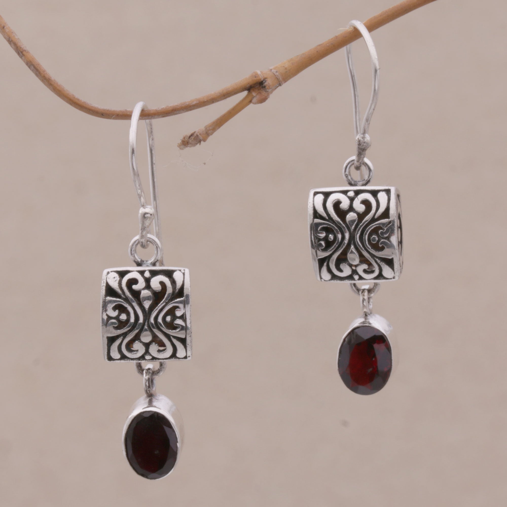 Premium Red Horizon Sterling Silver & Garnet Dangle Earrings - Handcrafted in Bali