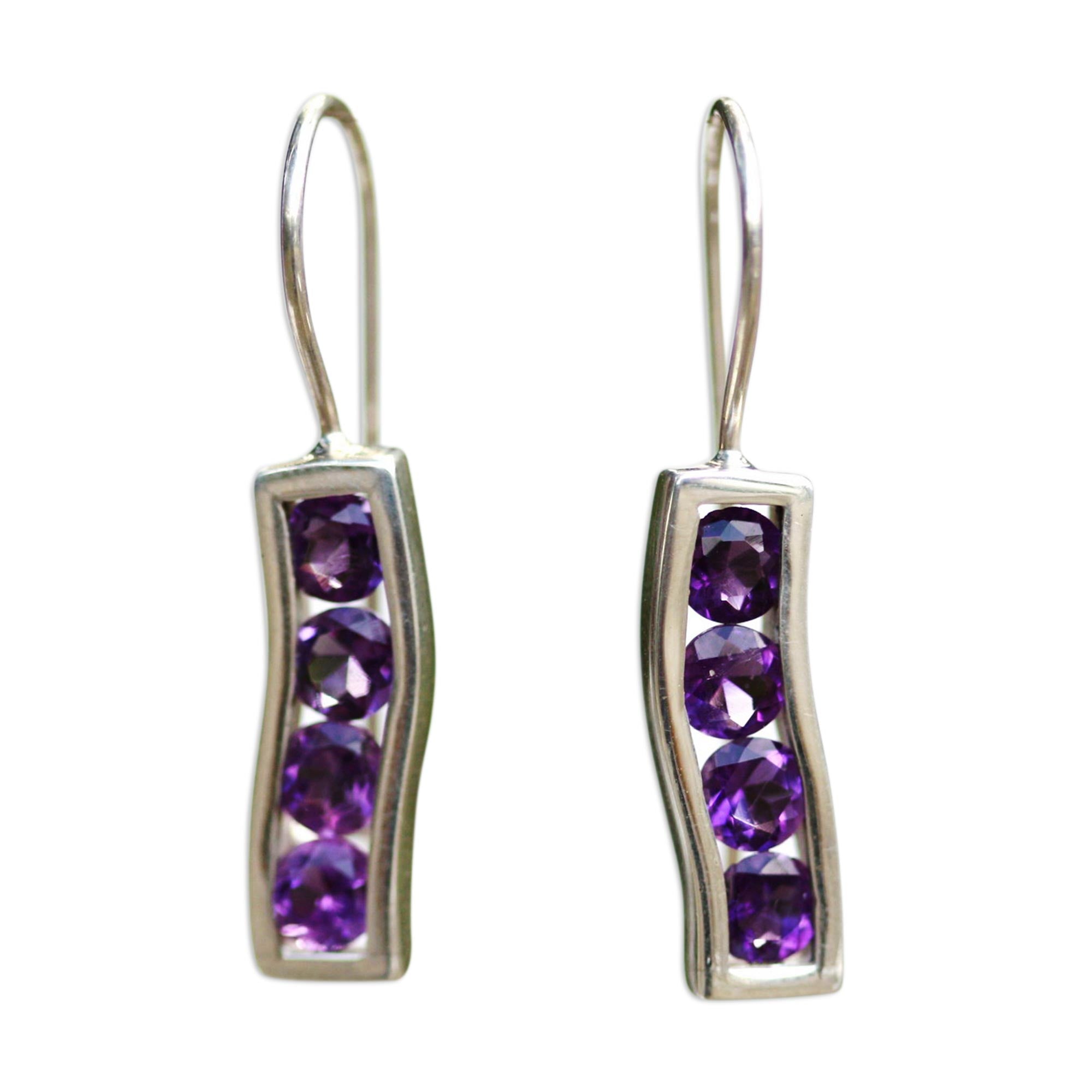 Premium Amethyst & Silver Ribbon Drop Earrings - Handcrafted Elegance