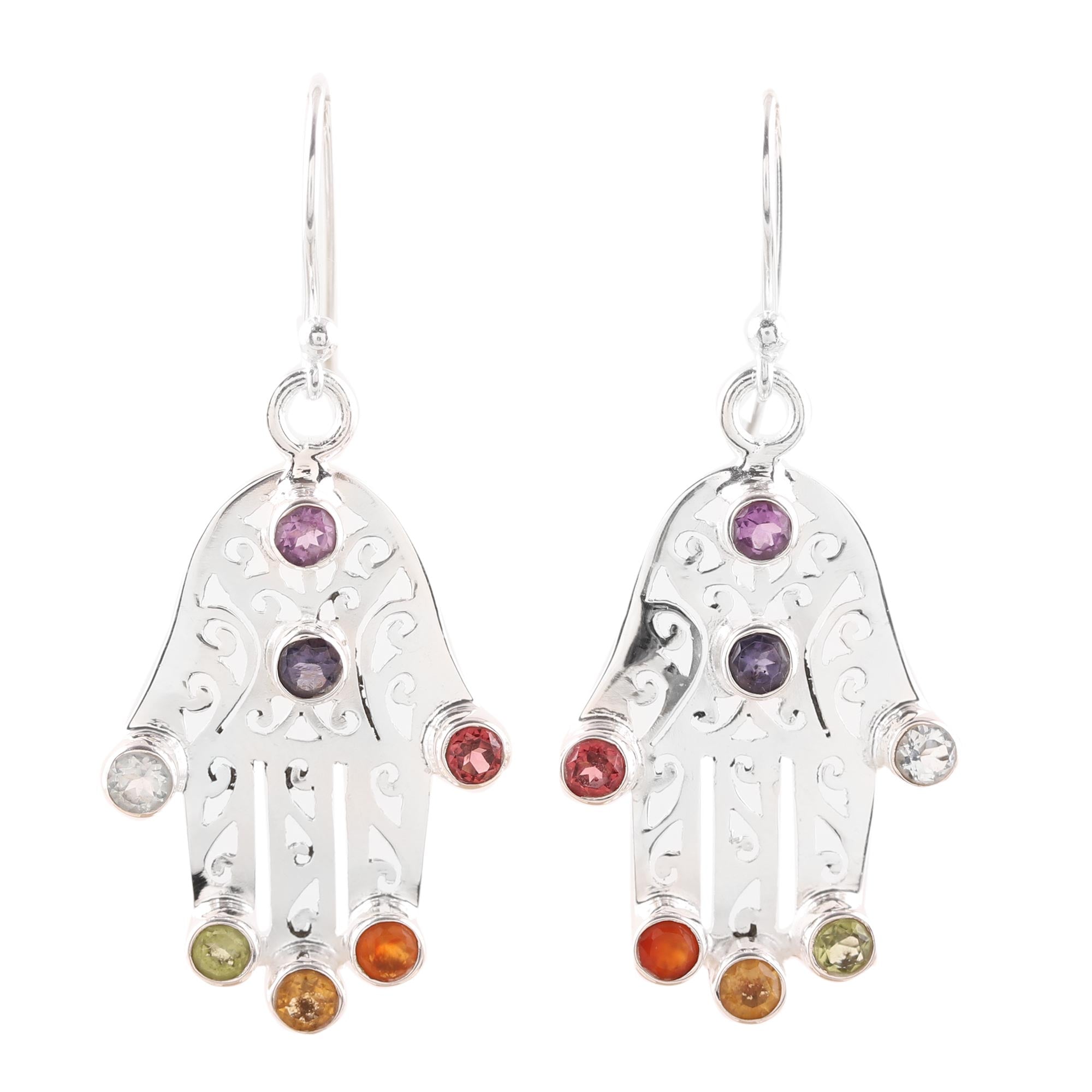 Premium Hamsa Chakra Multi-Gemstone Dangle Earrings - Handcrafted in India