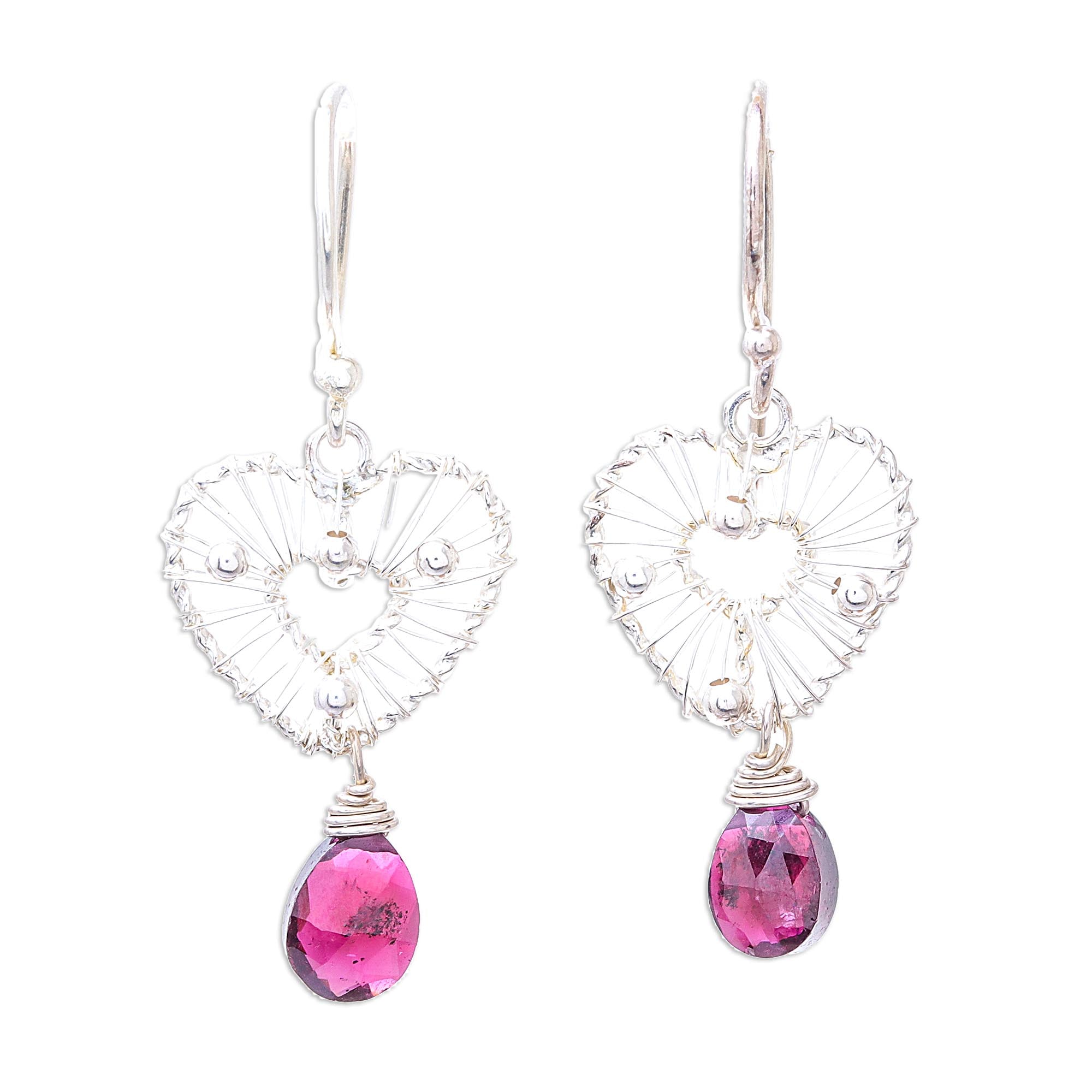 Premium Heart-Shaped Garnet Dangle Earrings - Handcrafted Sterling Silver Jewelry from Thailand