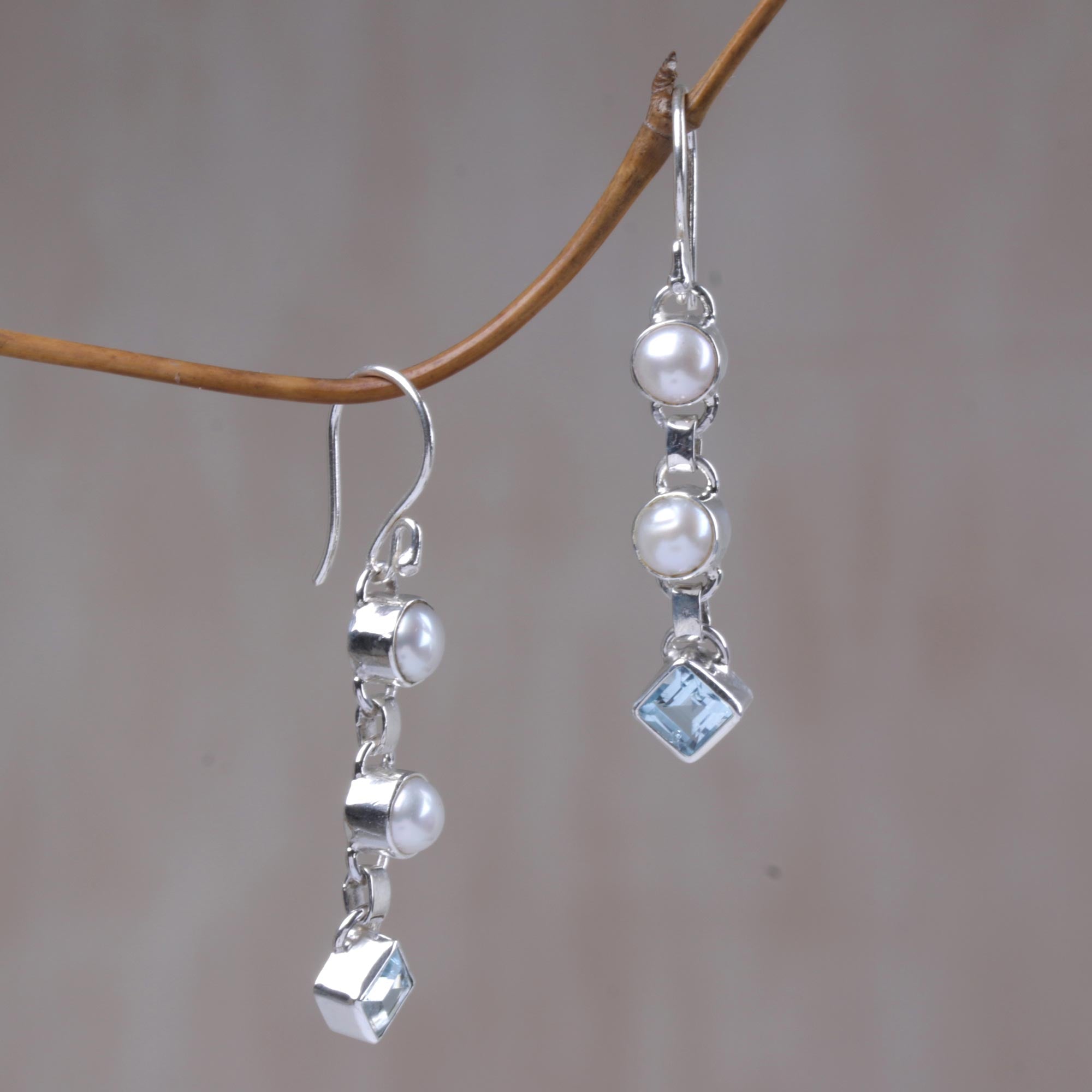 Premium Silver Trail Blue Topaz & Pearl Dangle Earrings - Handcrafted Elegance