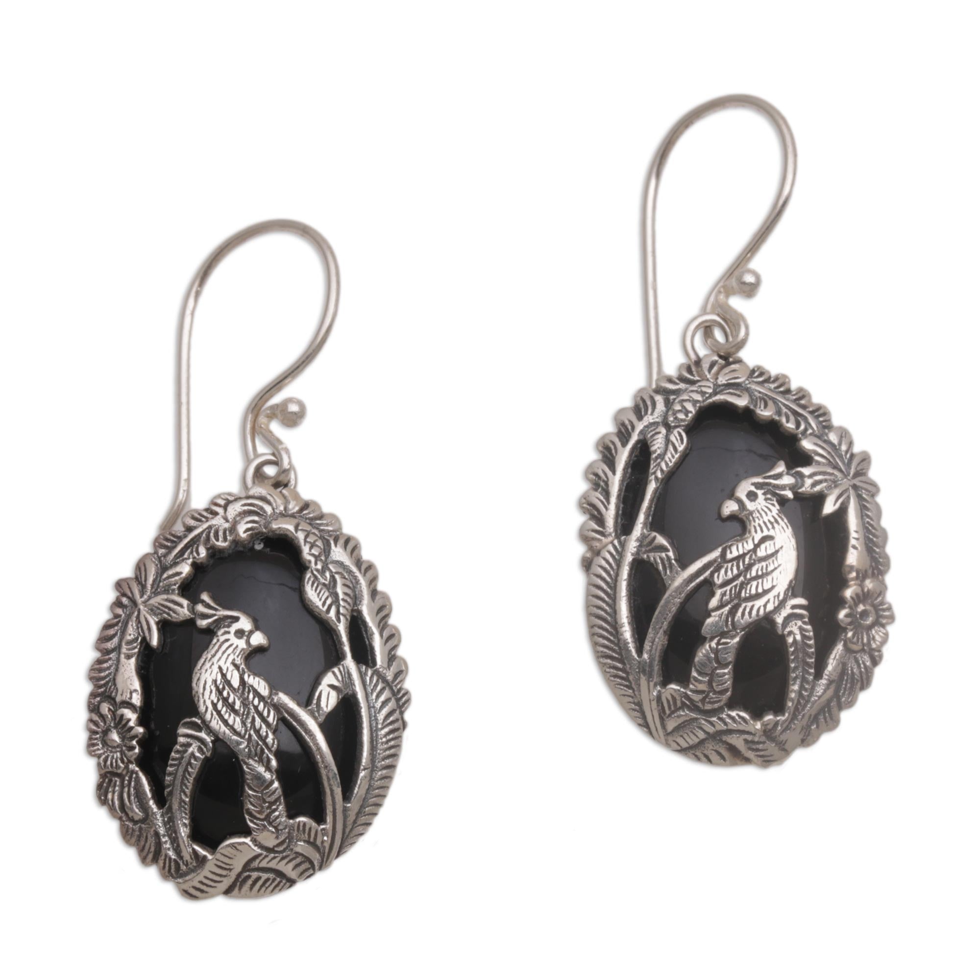 Premium Bali Cockatoo Dangle Earrings - Sterling Silver & Onyx Elegance