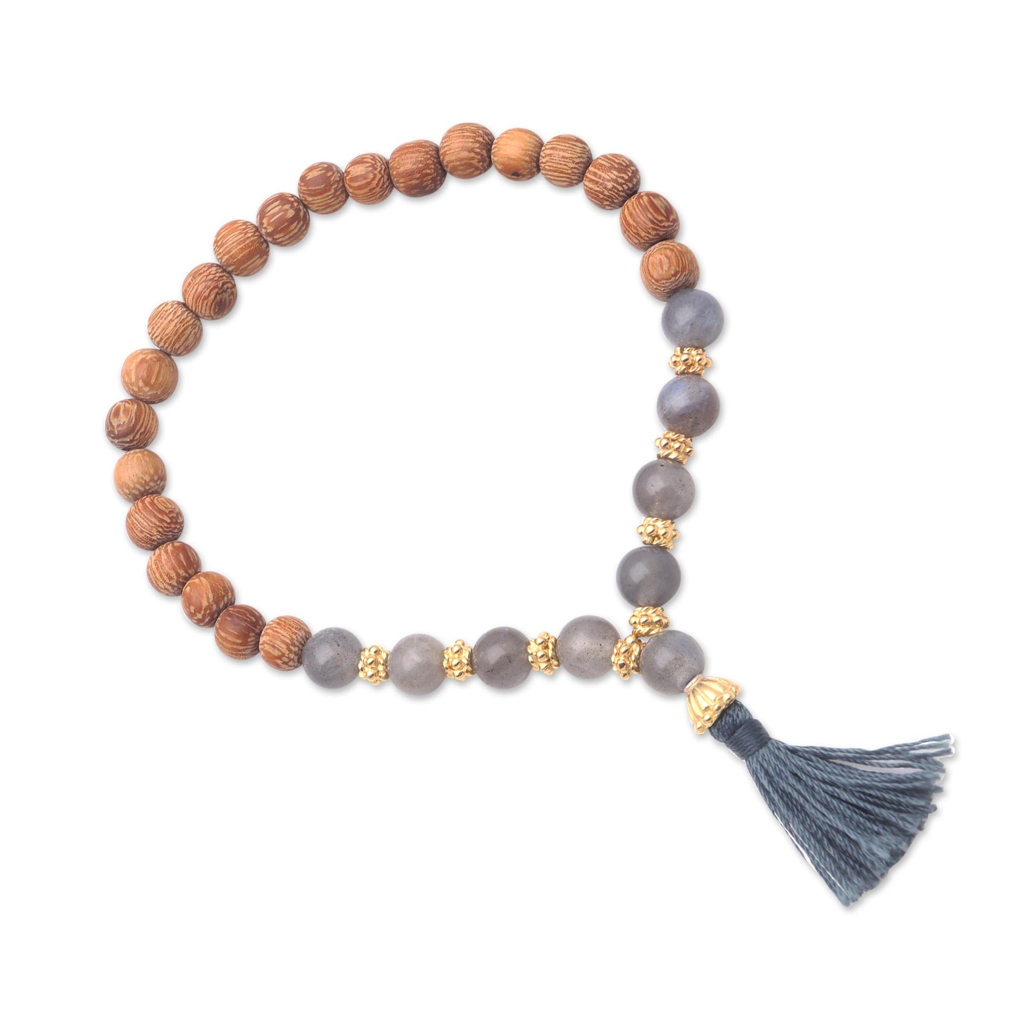 Premium Harmony Gold & Labradorite Wood Beaded Stretch Bracelet with Grey Tassel