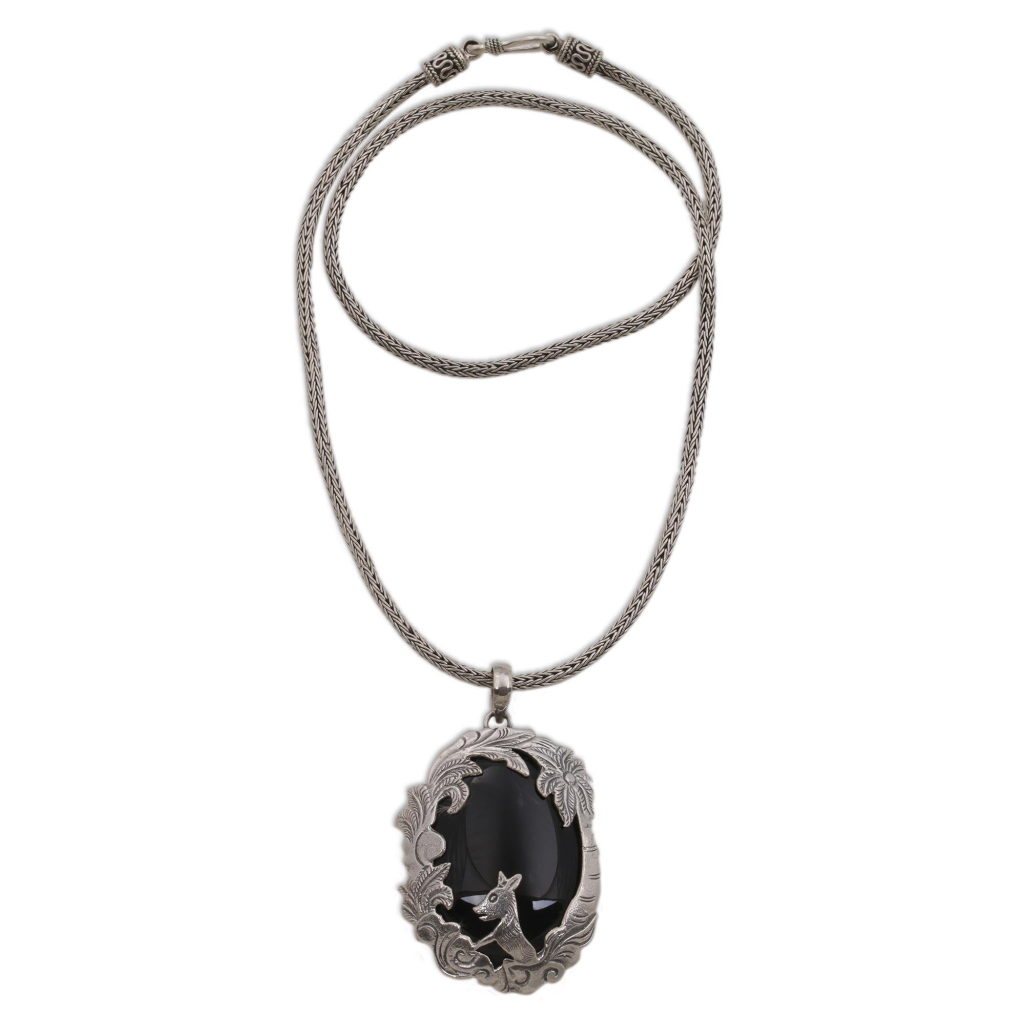 Premium Bali Animal-Themed Sterling Silver & Onyx Pendant Necklace - Wondrous Garden Collection