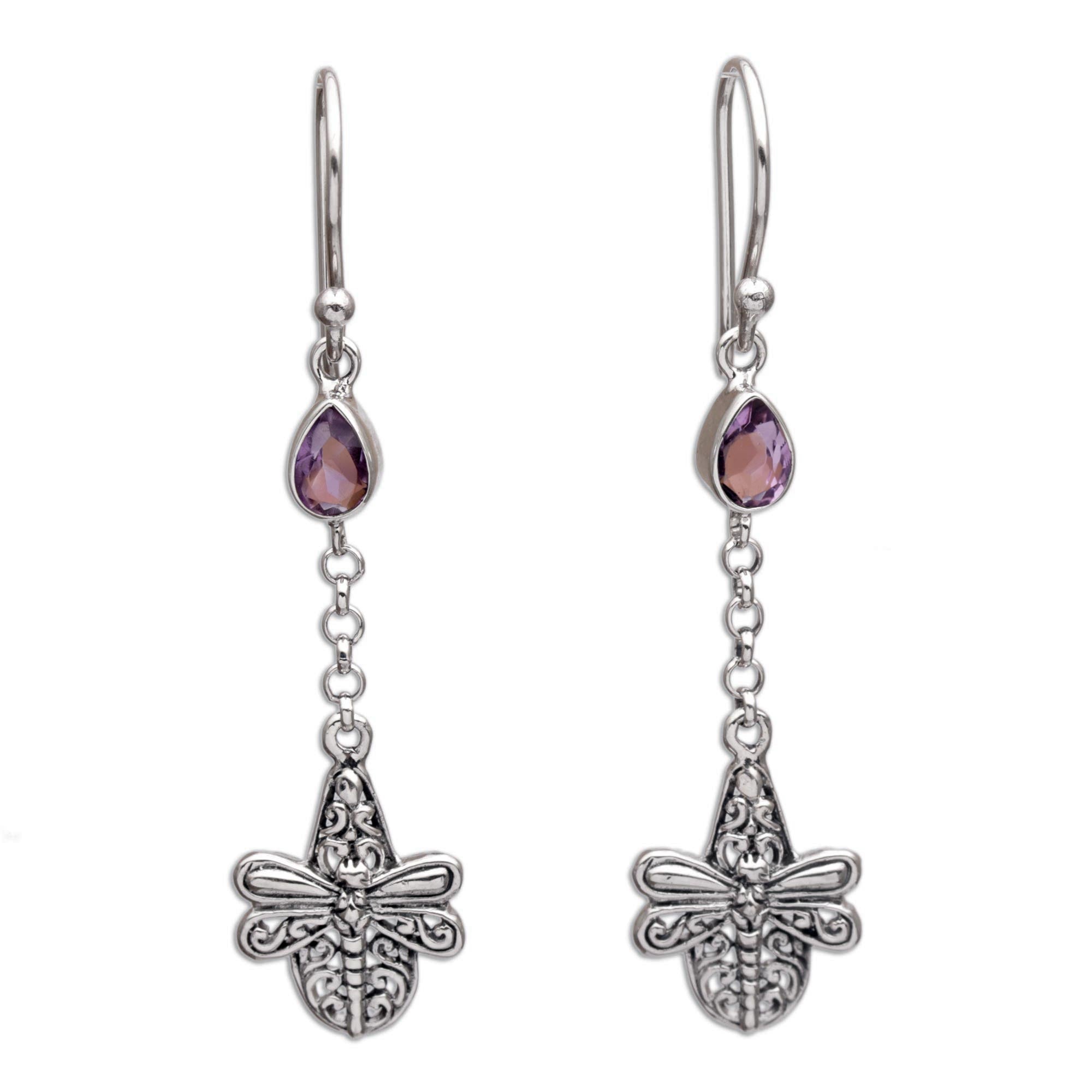 Premium Dragonfly Altar Earrings - Handmade 925 Sterling Silver with Amethyst