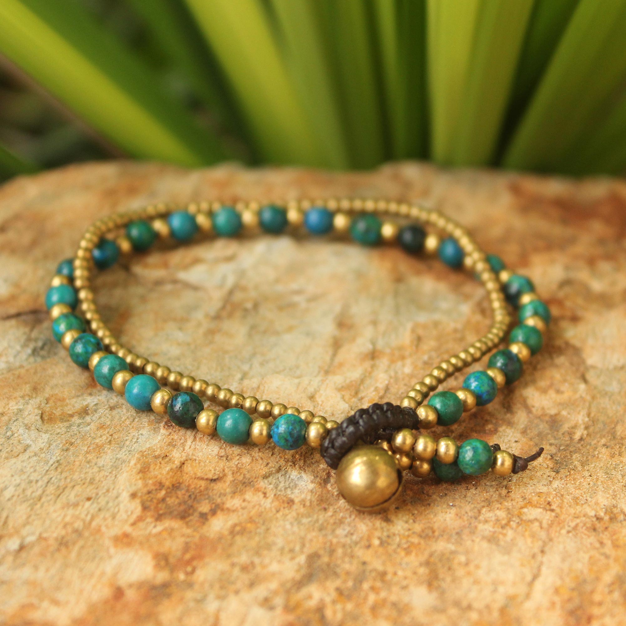 Premium Green Harmony Serpentine & Brass Beaded Bracelet with Bell Charm