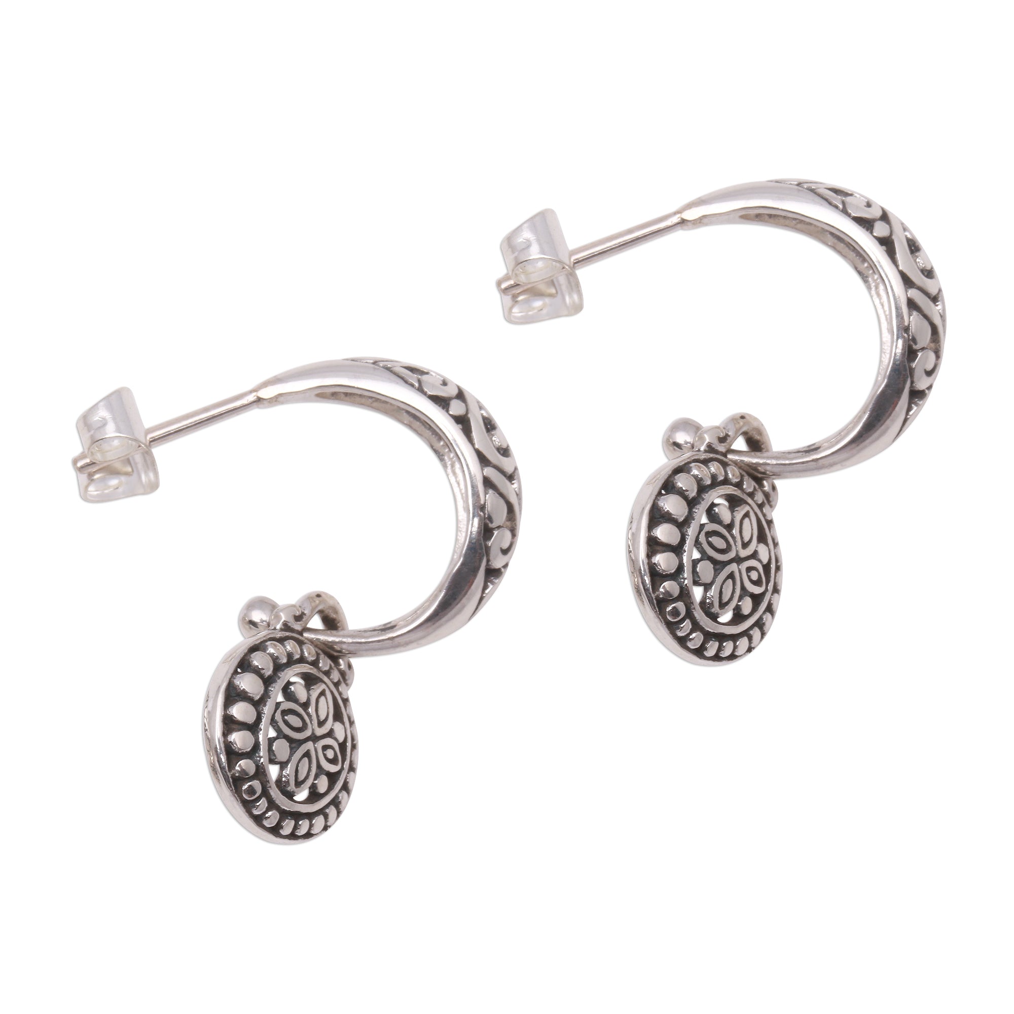 Premium Bali Sterling Silver Half-Hoop Dangle Earrings - Handcrafted Elegance