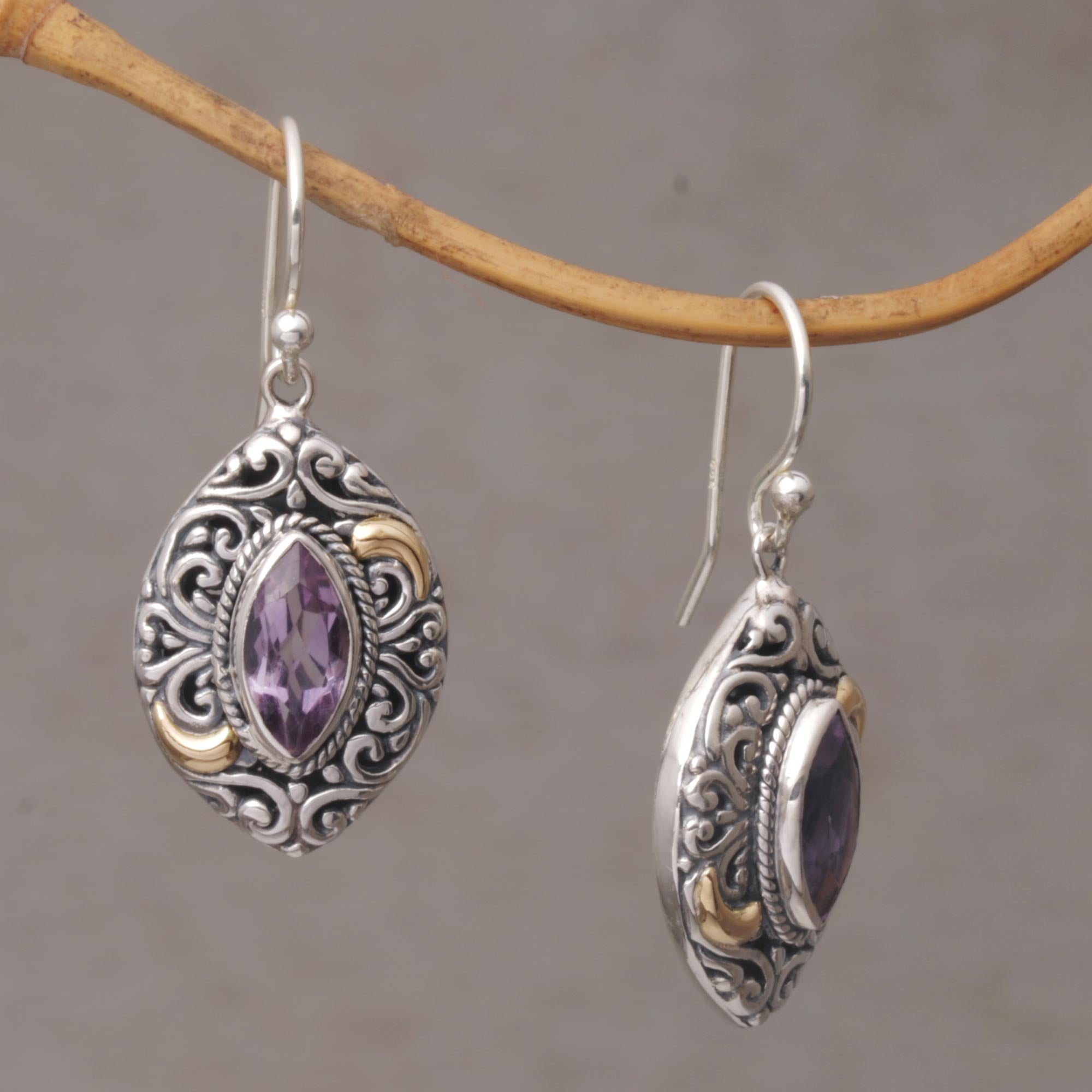 Premium Bali Amethyst Dangle Earrings with 18K Gold Accents