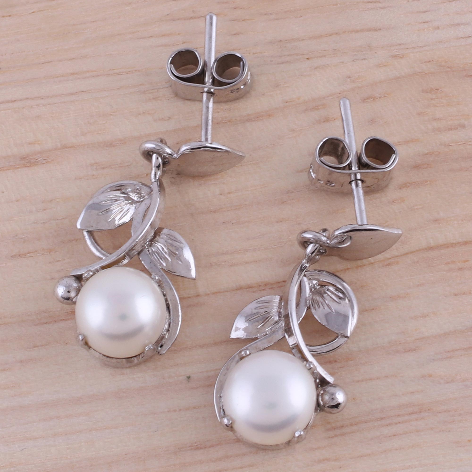 Premium Rhodium-Plated Cultured Pearl Dangle Earrings by Purity Vines