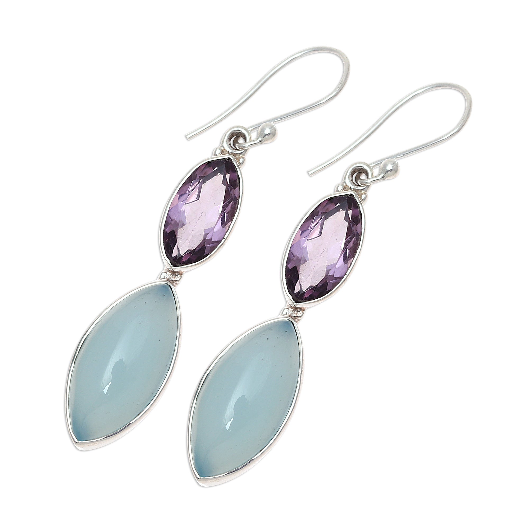 Premium Sterling Silver Blue Chalcedony & Amethyst Dangle Earrings – Timeless Elegance