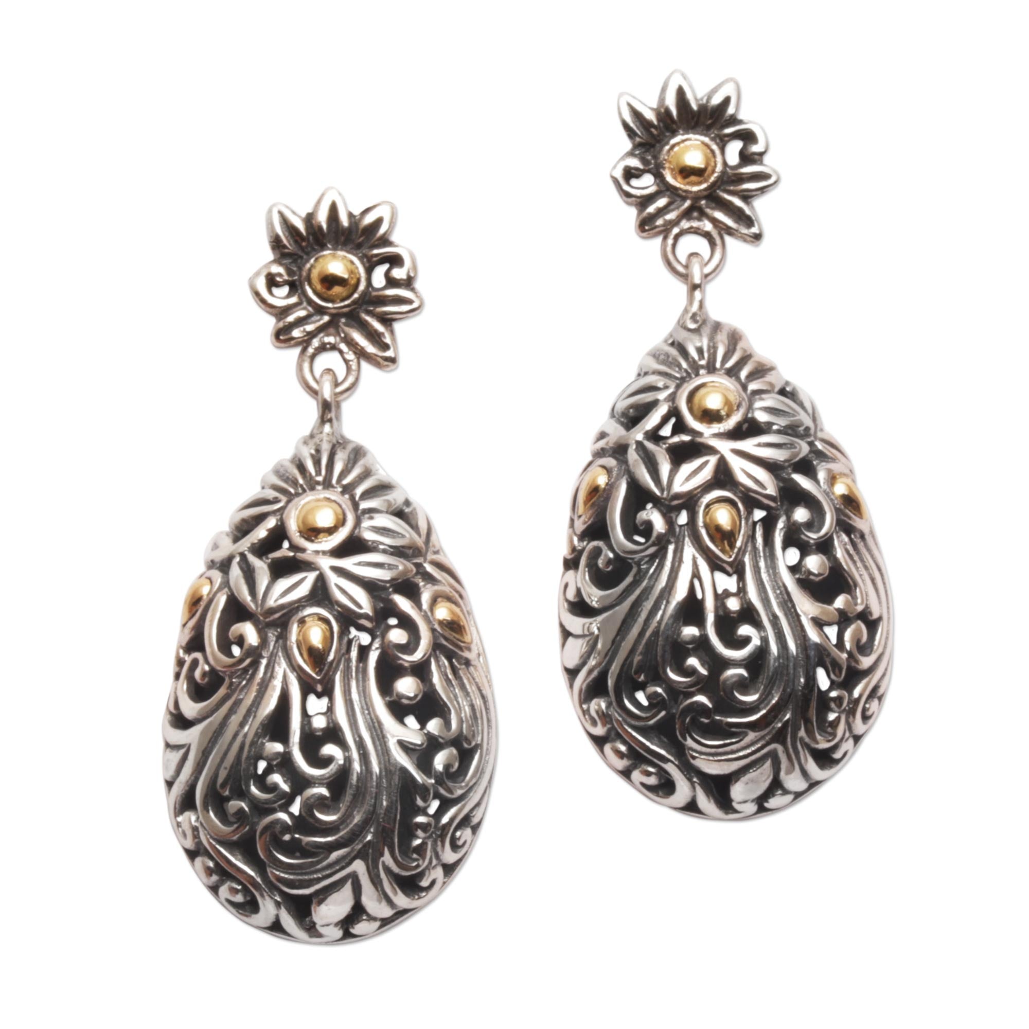 Premium 18k Gold & Sterling Silver Floral Dangle Earrings from Bali