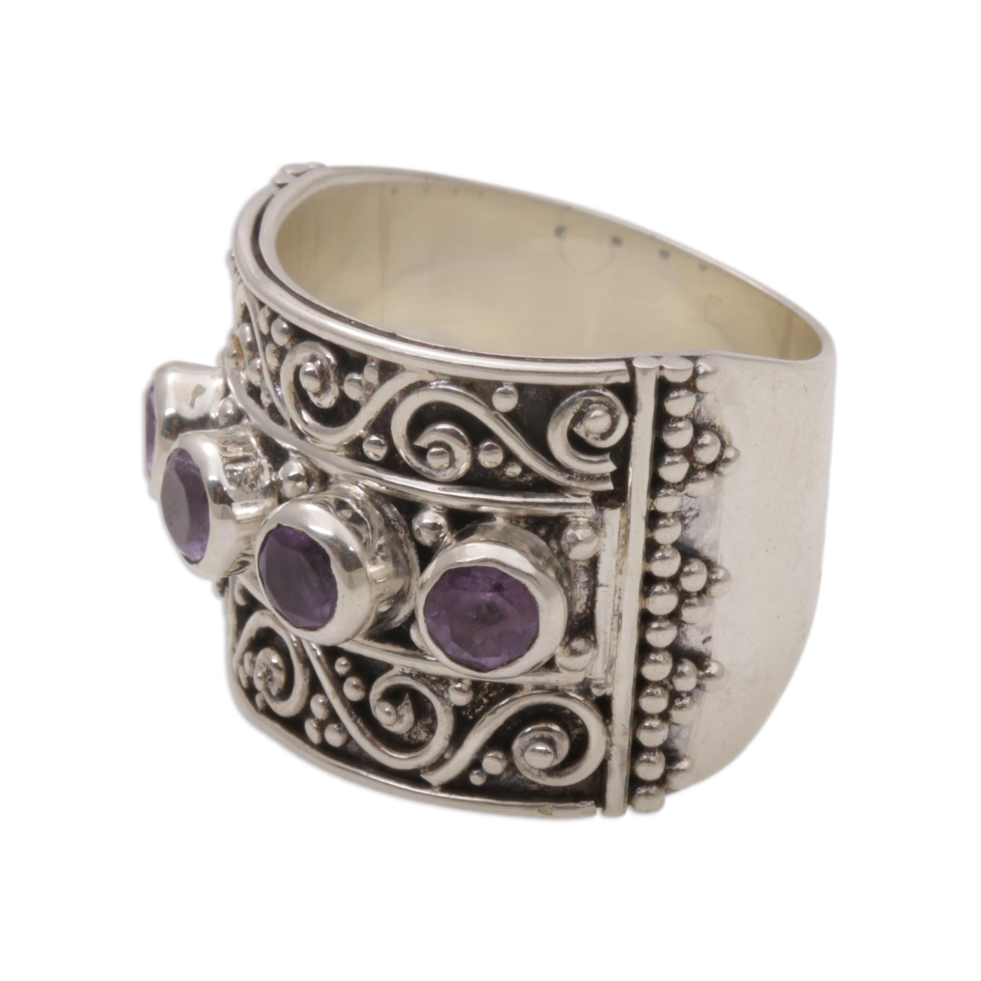 Premium Bali Amethyst Sterling Silver Ring - Elegant Multi-Stone Design