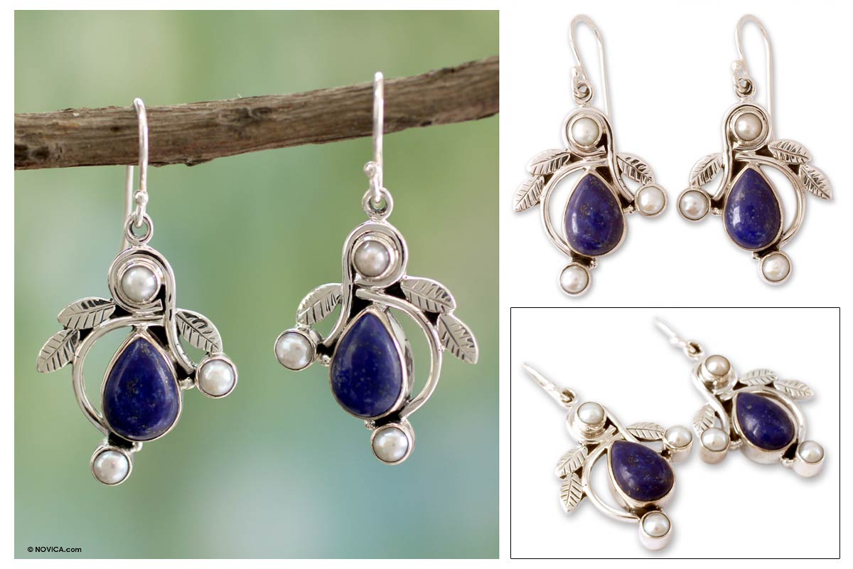 Premium Tropical Pearl & Lapis Earrings - Handmade Elegance