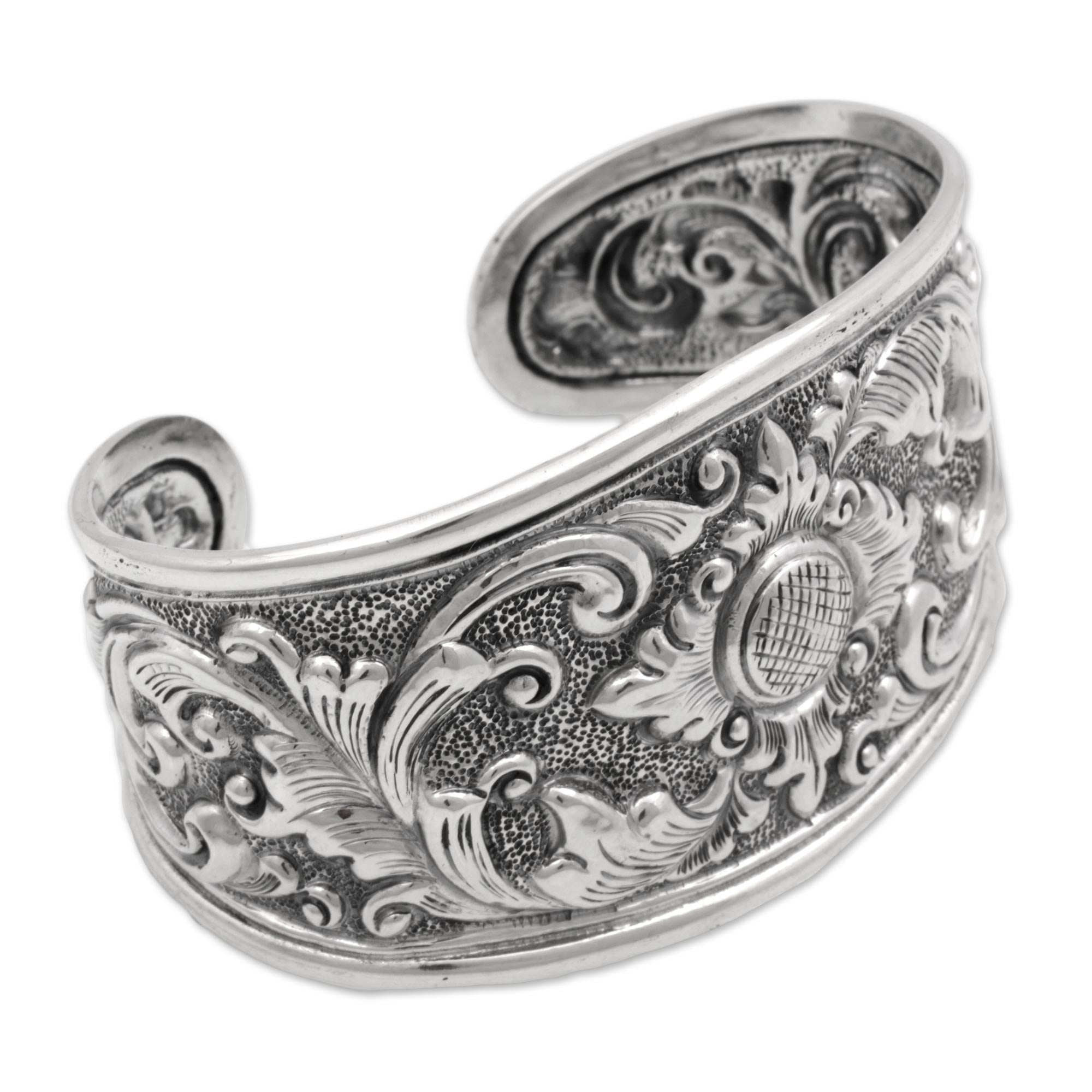 Premium Floral Sterling Silver Cuff Bracelet - Handcrafted Elegance