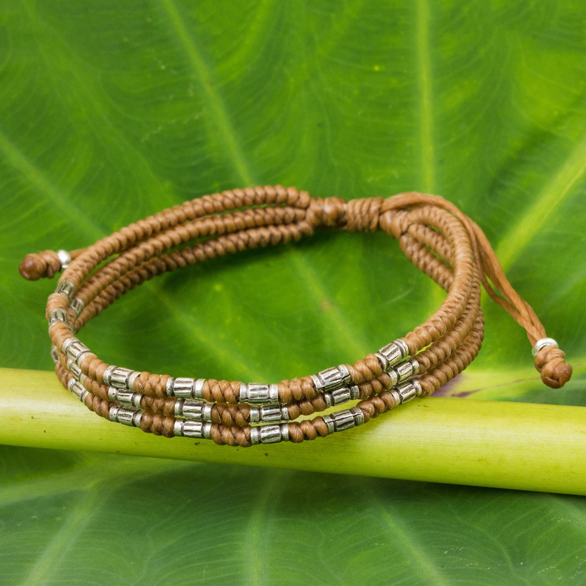 Premium Forest Thicket Braided Bracelet - Tan with 950 Silver Accent