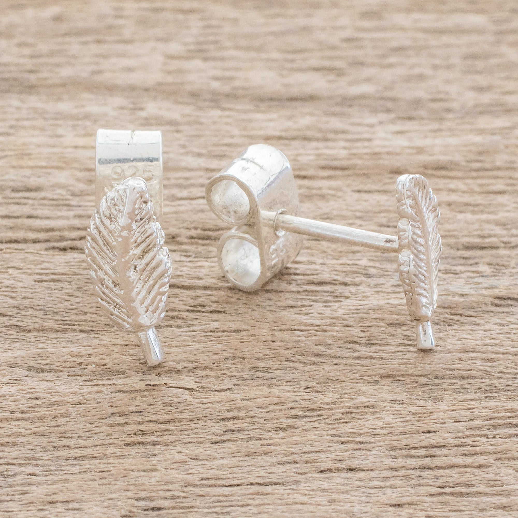 Premium Guatemalan Feather-Shaped Sterling Silver Stud Earrings by Artisan Nicte Migliozzi