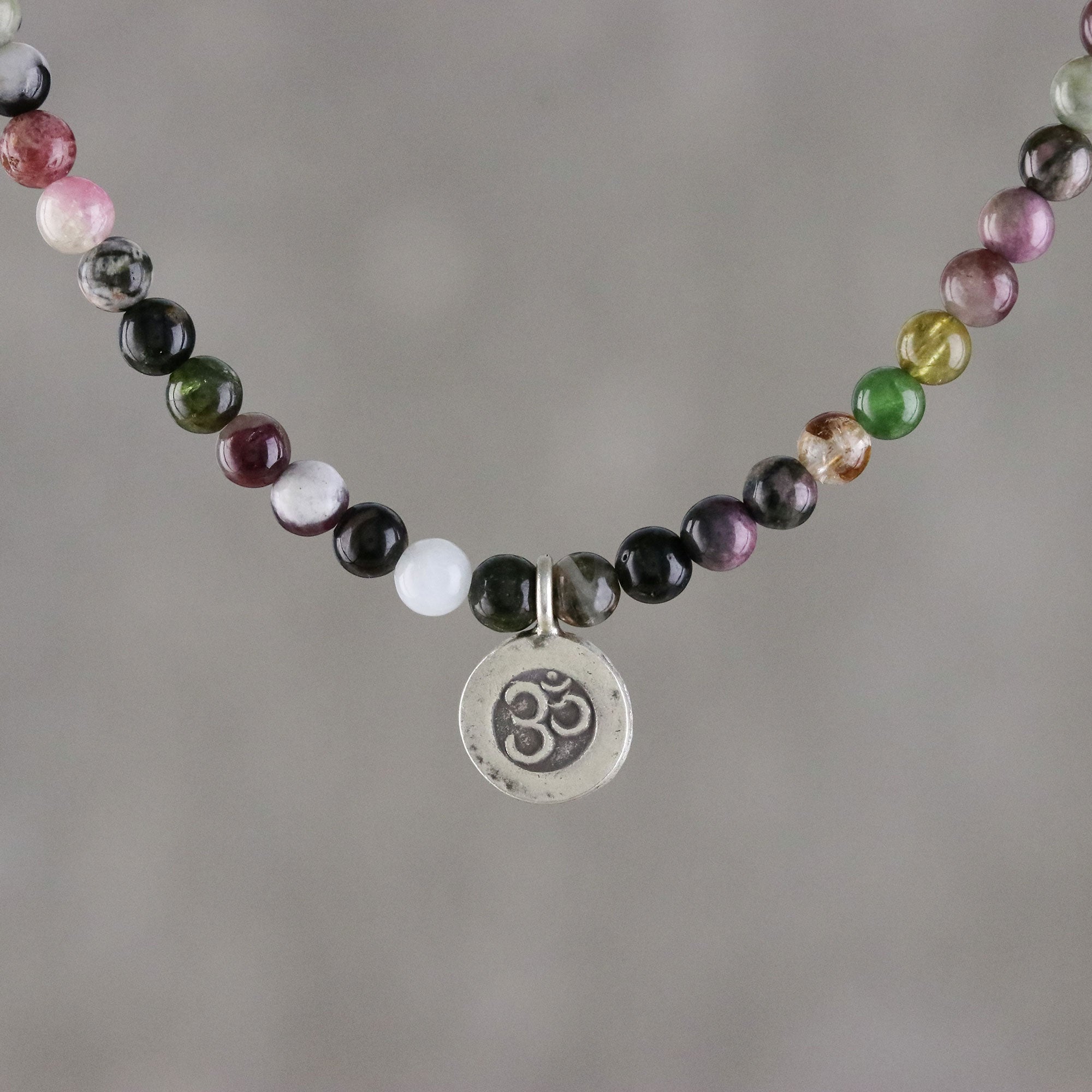 Premium Om Tourmaline Beaded Pendant Necklace – Handcrafted in Thailand