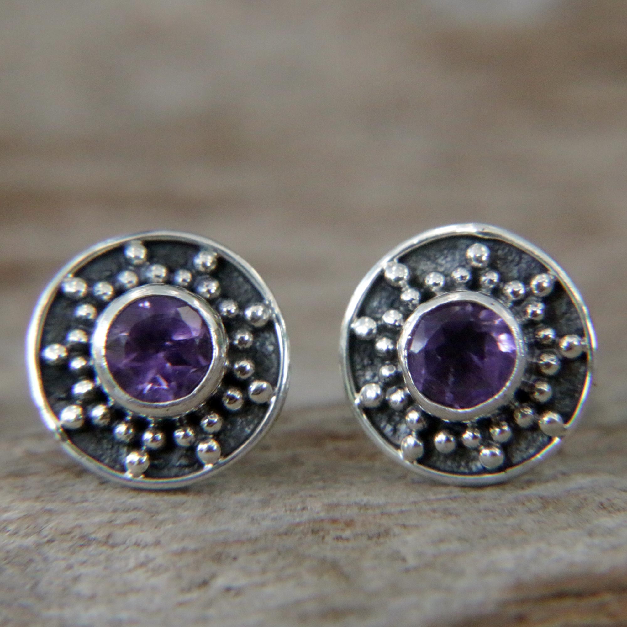 Premium Winter Halo Amethyst Sterling Silver Stud Earrings – Handcrafted in Bali
