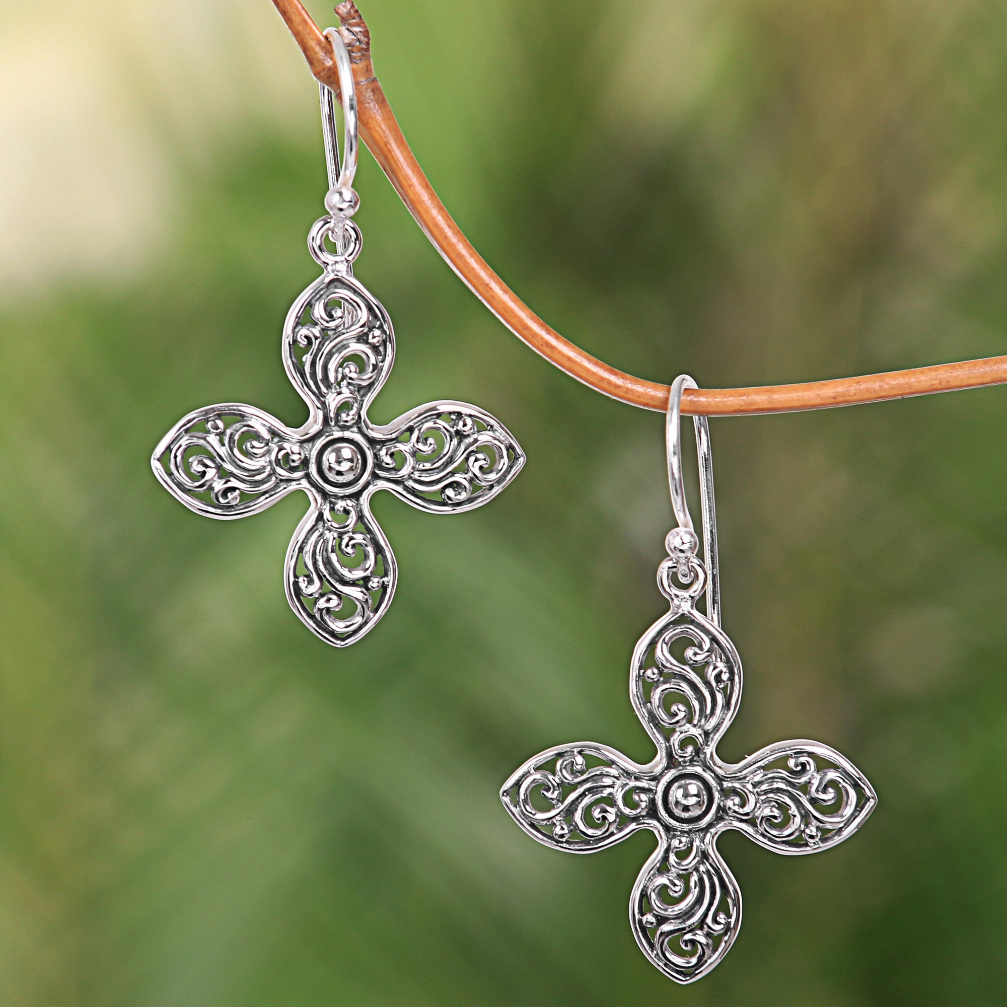 Premium Melati Cross Handcrafted Silver Earrings – Bali Inspired Floral Design