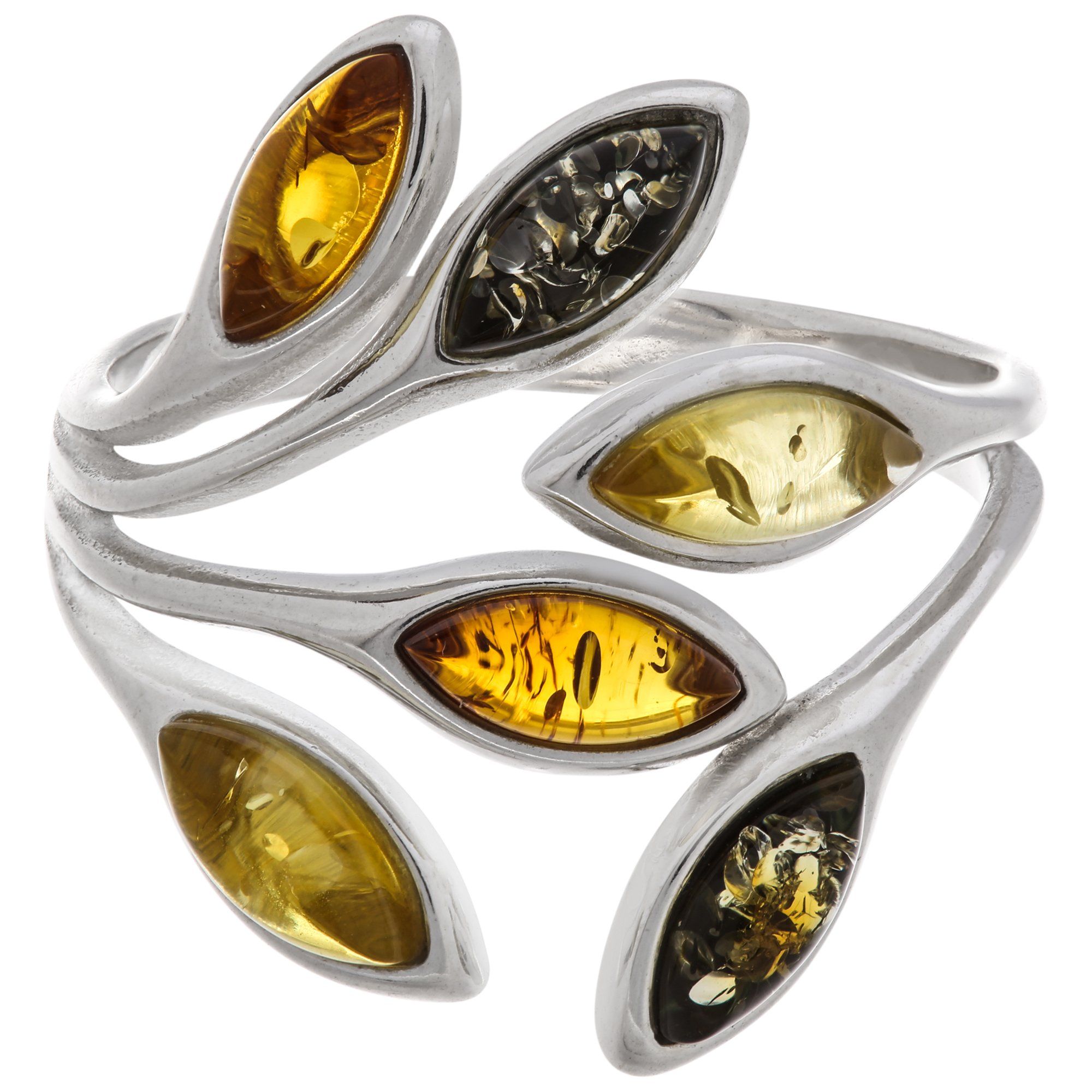 Premium Baltic Amber Multicolor Leaves Sterling Silver Ring