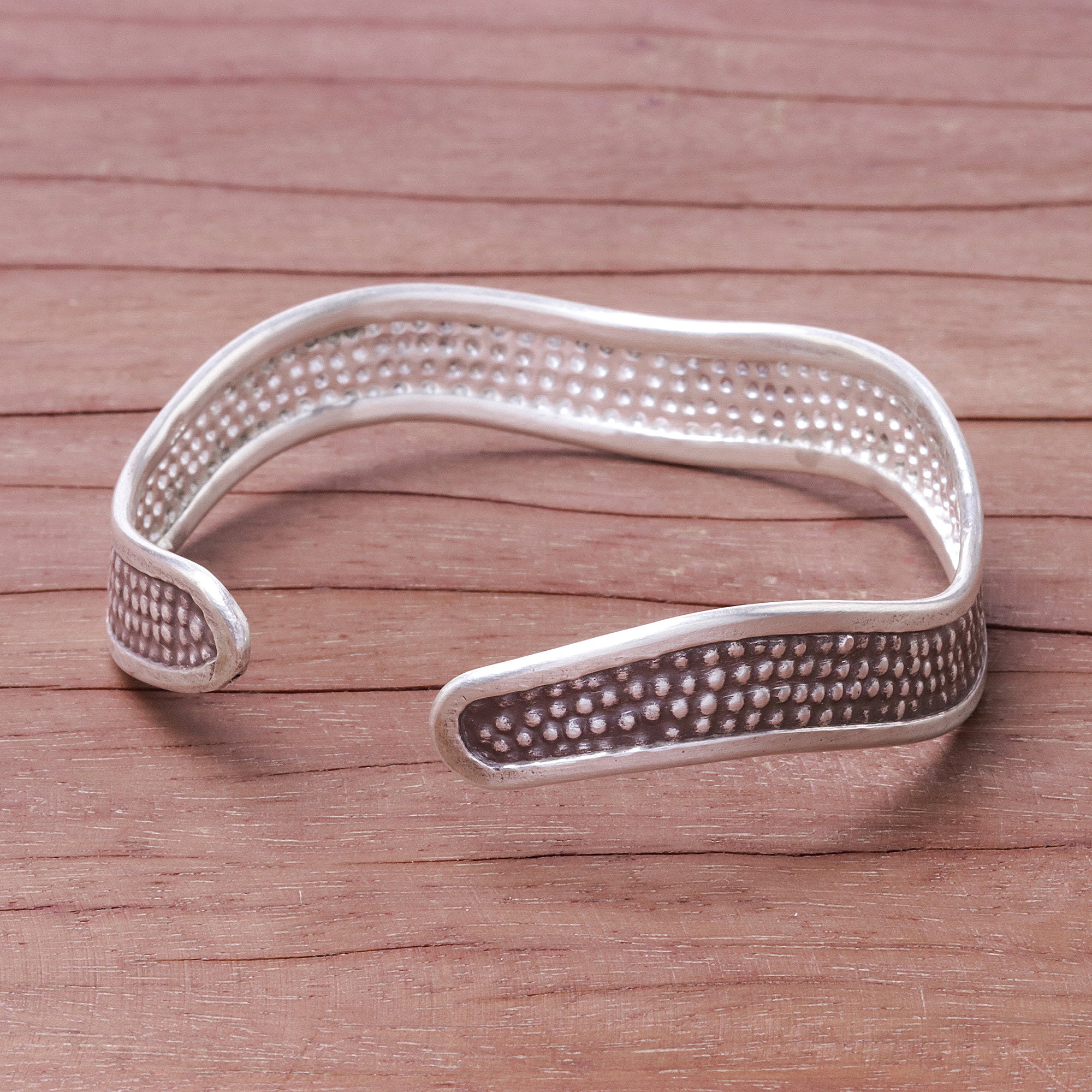 Premium Karen Silver Wave Cuff Bracelet - Handcrafted Textured Design