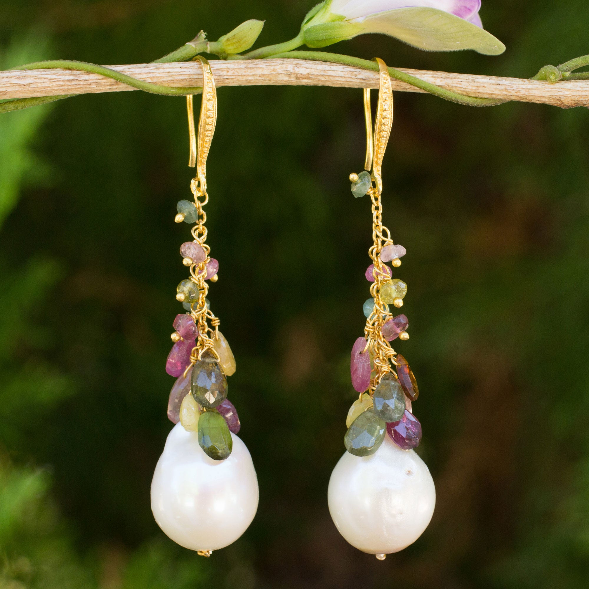 Ultimate Precious Rainbow Tourmaline & Pearl Gold Earrings