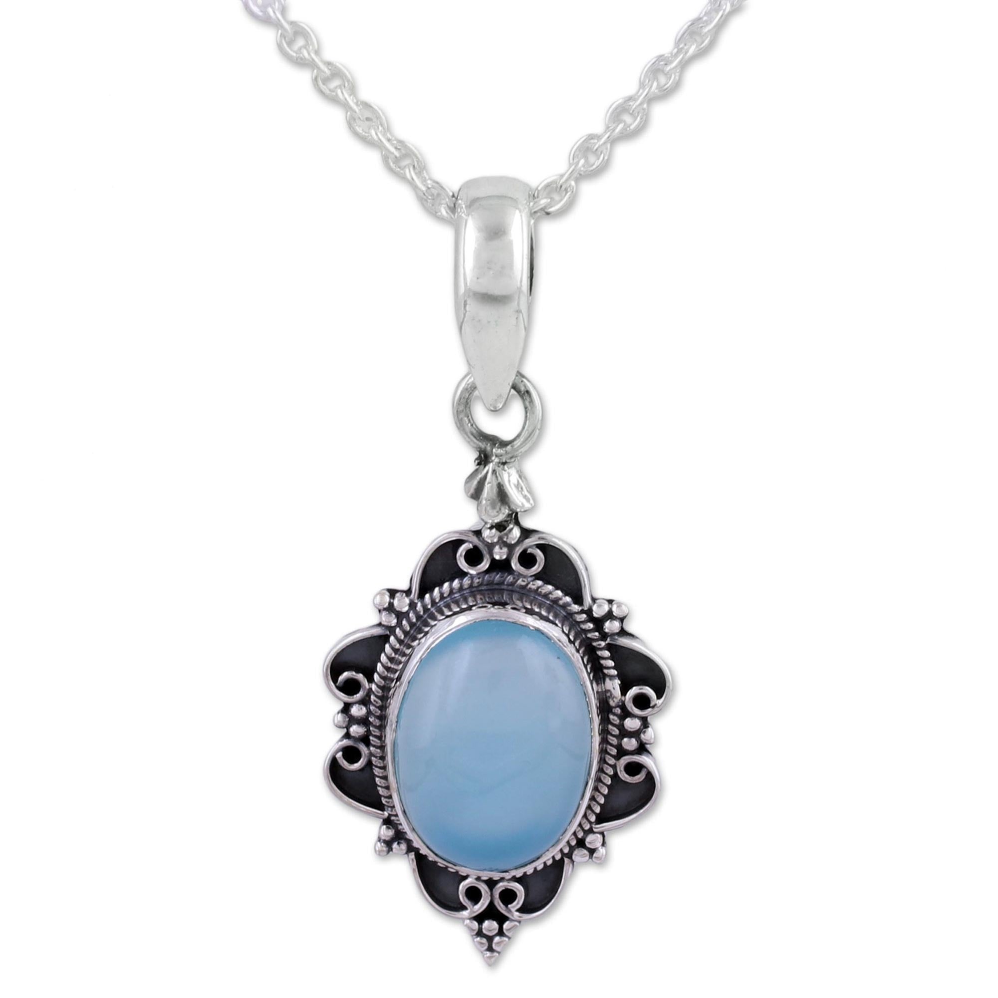 Premium Blue Damsel Chalcedony Pendant Necklace – Sterling Silver Elegance