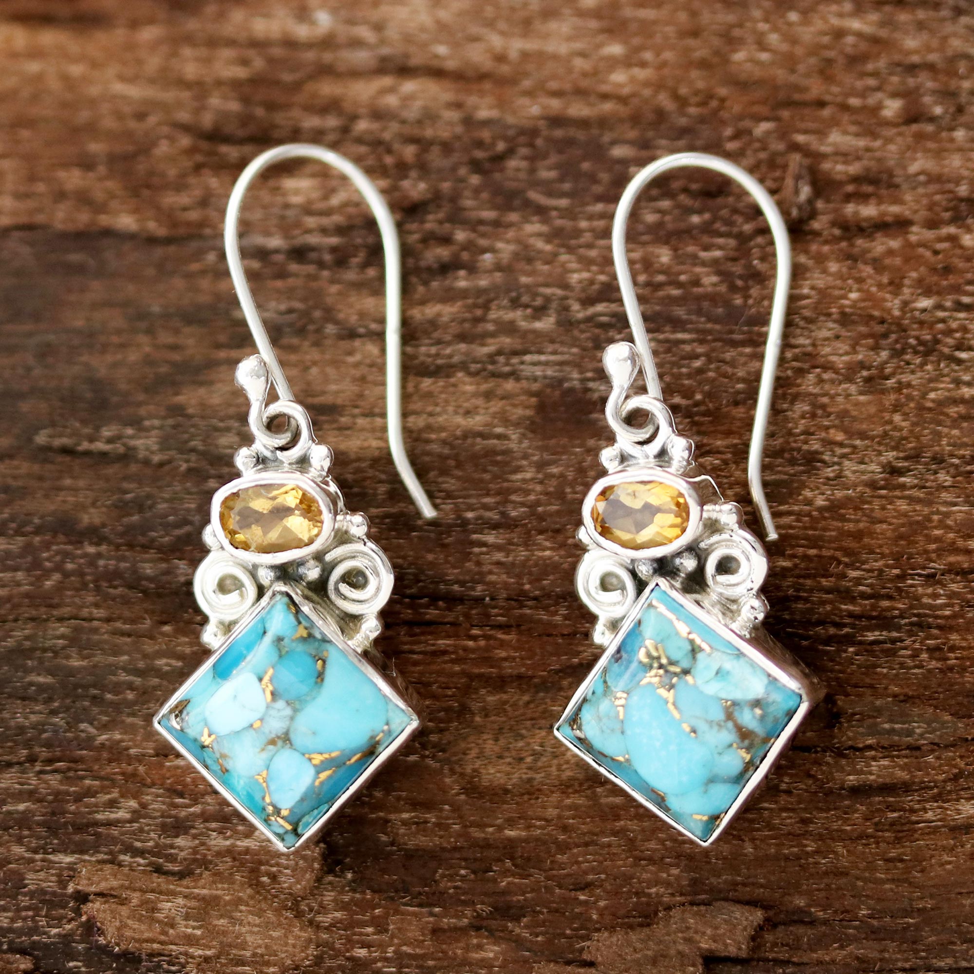 Premium Sky Fragments Citrine & Turquoise Dangle Earrings - Handcrafted in India