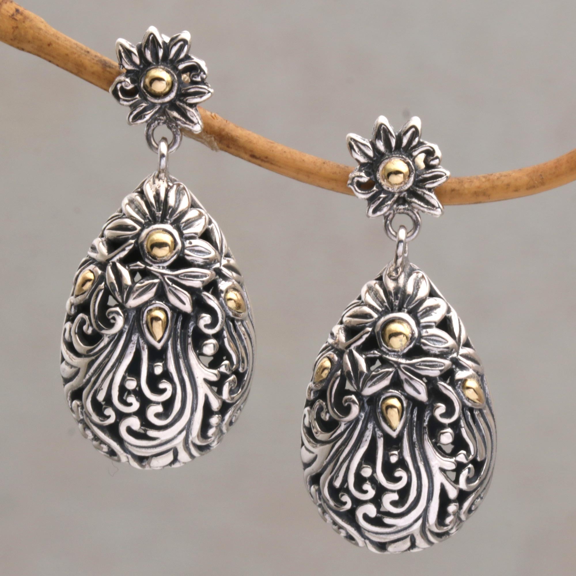 Premium 18k Gold & Sterling Silver Floral Dangle Earrings from Bali