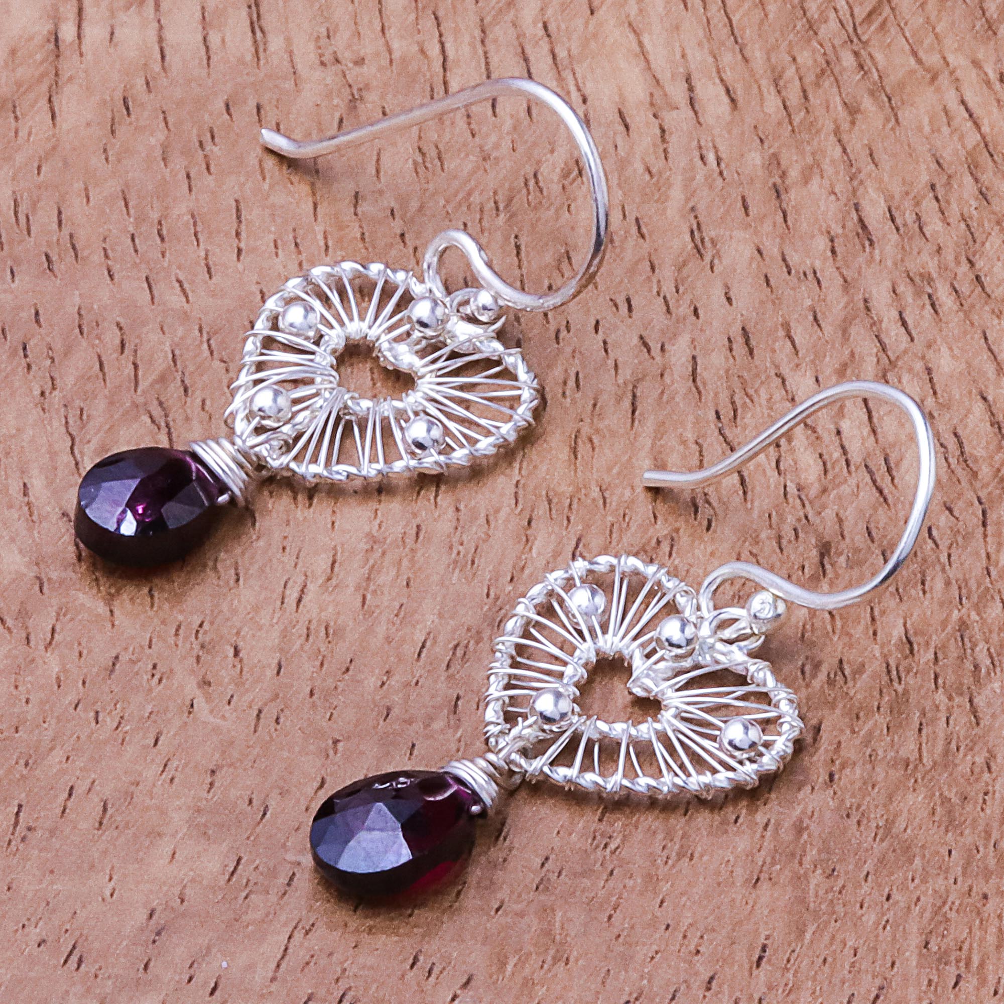 Premium Heart-Shaped Garnet Dangle Earrings - Handcrafted Sterling Silver Jewelry from Thailand