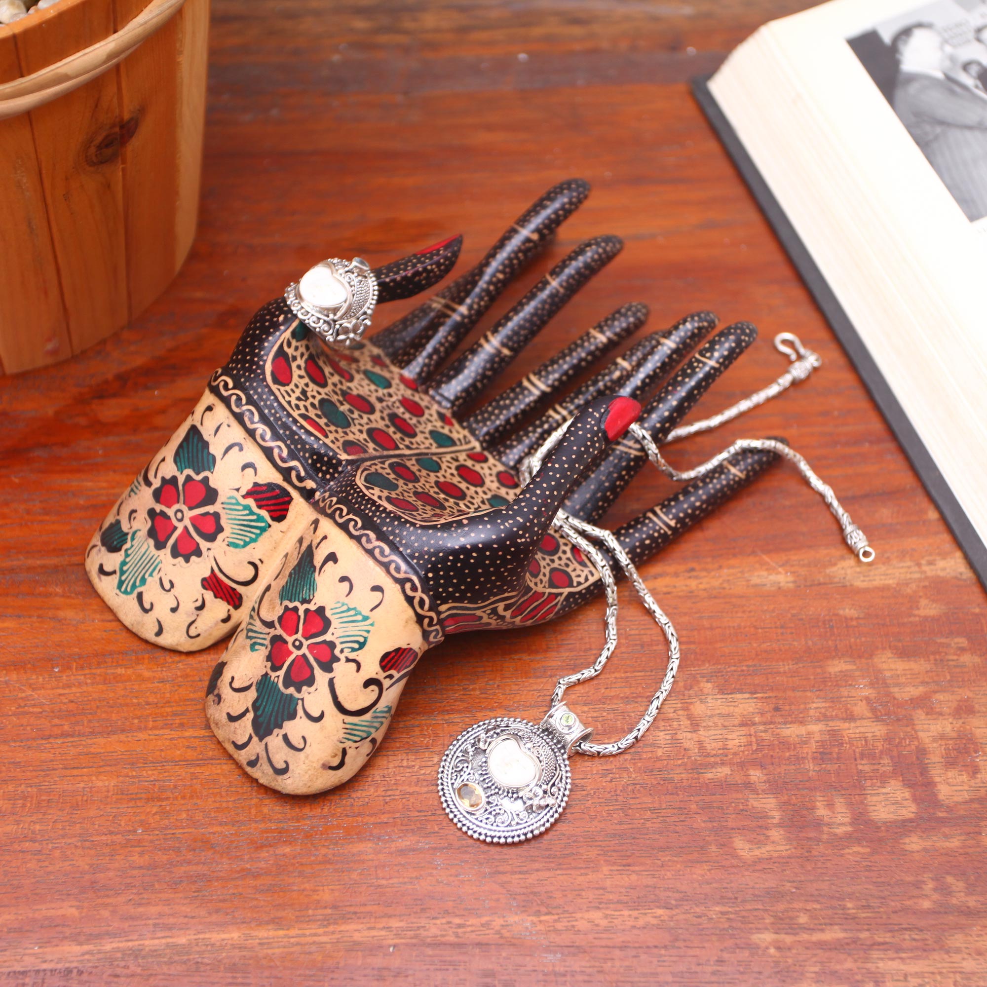 Premium Handcrafted Floral Batik Wood Ring Holder - Java Artisan Collection